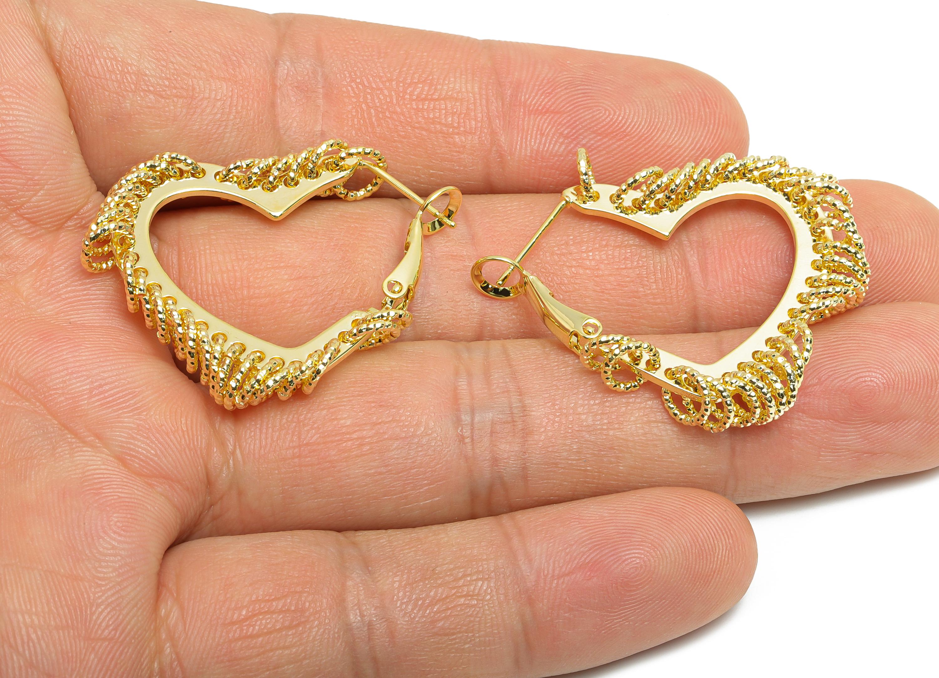 Brass Heart Hoop Earring - Gold Heart Hanging Ring Earring - Textured Push Back Earring Post - 14K Real Gold Plated - 32x29x3mm - RGP9429-14 - DOMEDBAZAAR