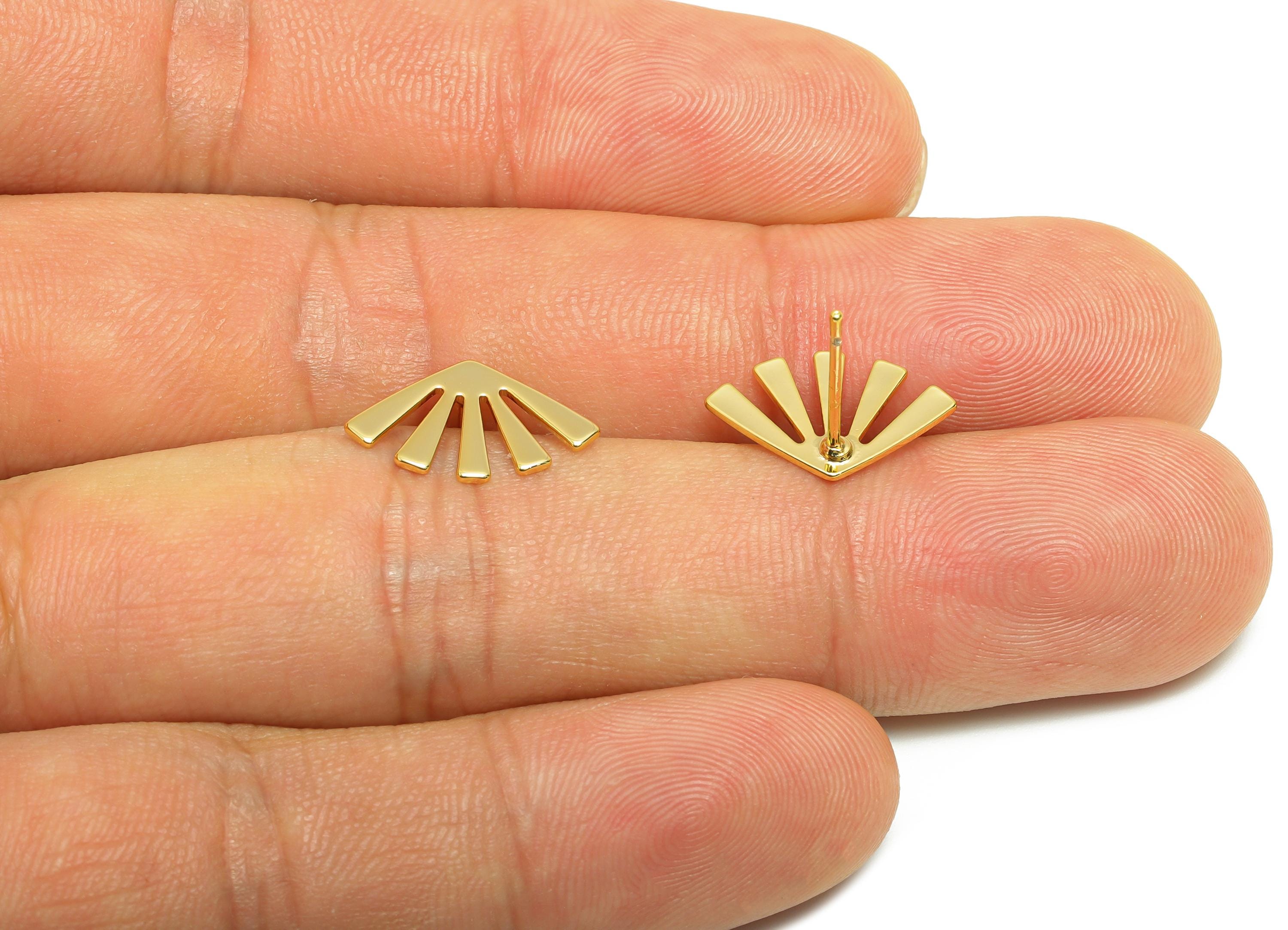 Art Deco Earring Stud - Brass Bold Geometric Fan Earring Post - Everyday Minimalist Gold Jewelry - 18K Real Gold Plated - 14x9x1mm - RGP9259 - DOMEDBAZAAR