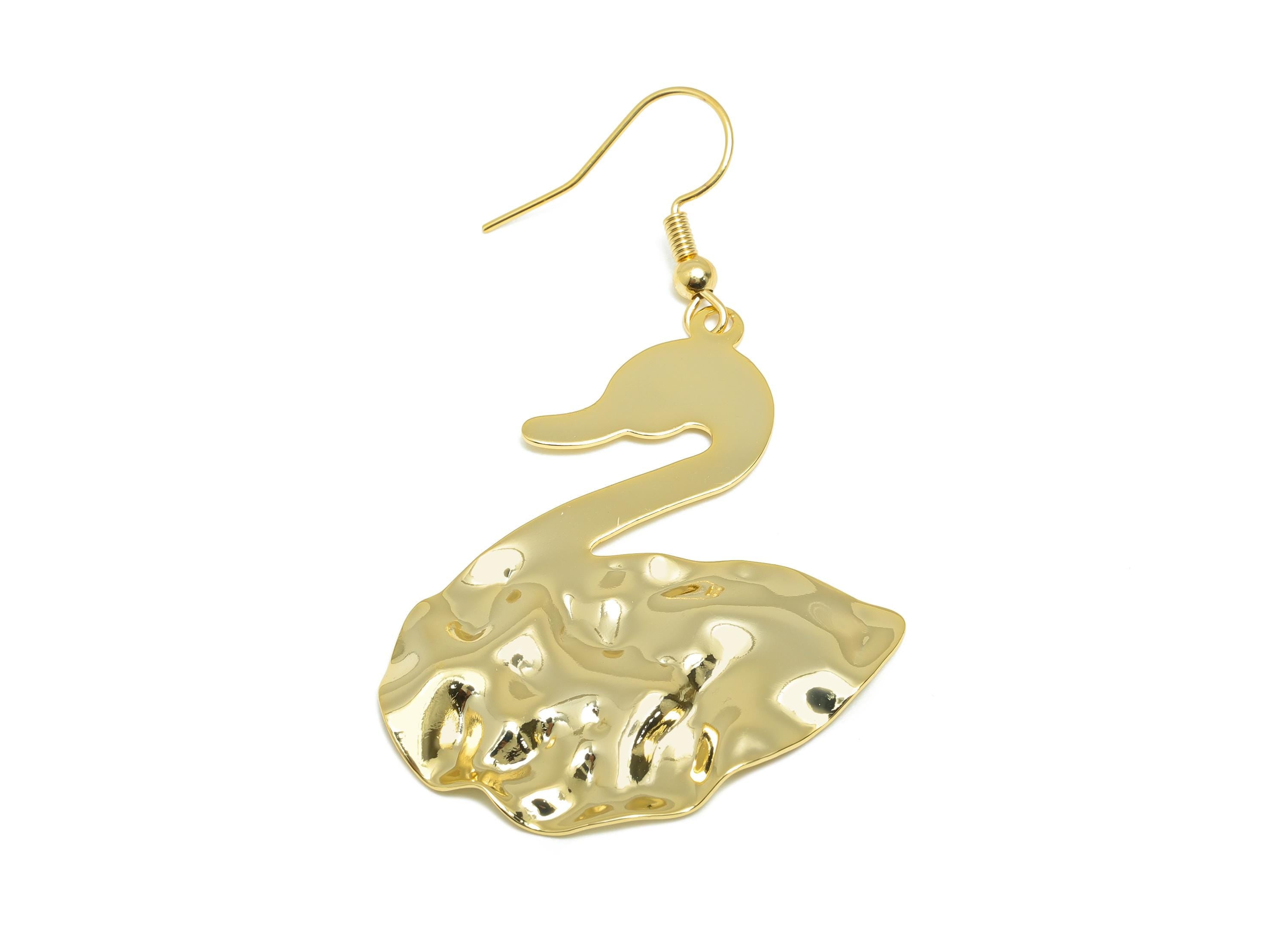 Brass Swan Wire Hook - Gold Hammered Earring Hook - Elegant Bird Earring - Artistic Earring - 18K Real Gold Plated - 45x35x1mm - RGP9261 - DOMEDBAZAAR