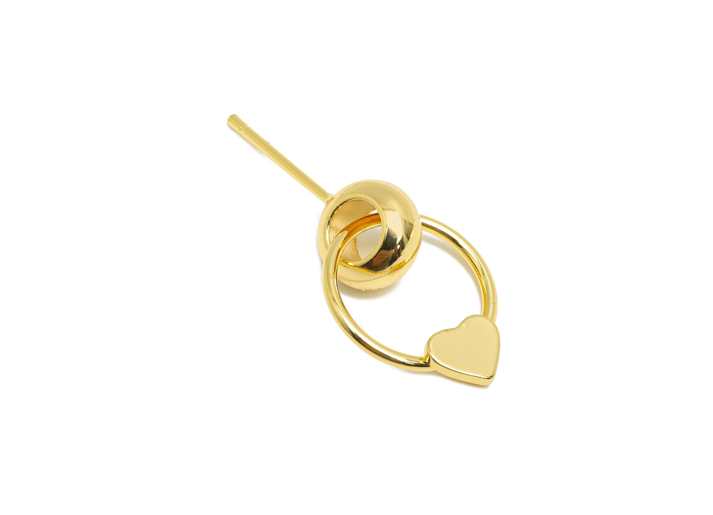 Brass Dangle Earring Stud - Brass Double Round Interlock Earring Post - Heart Dangle Earring Post -18K Real Gold-Plated - 18x13x4mm -RGP9444 - DOMEDBAZAAR