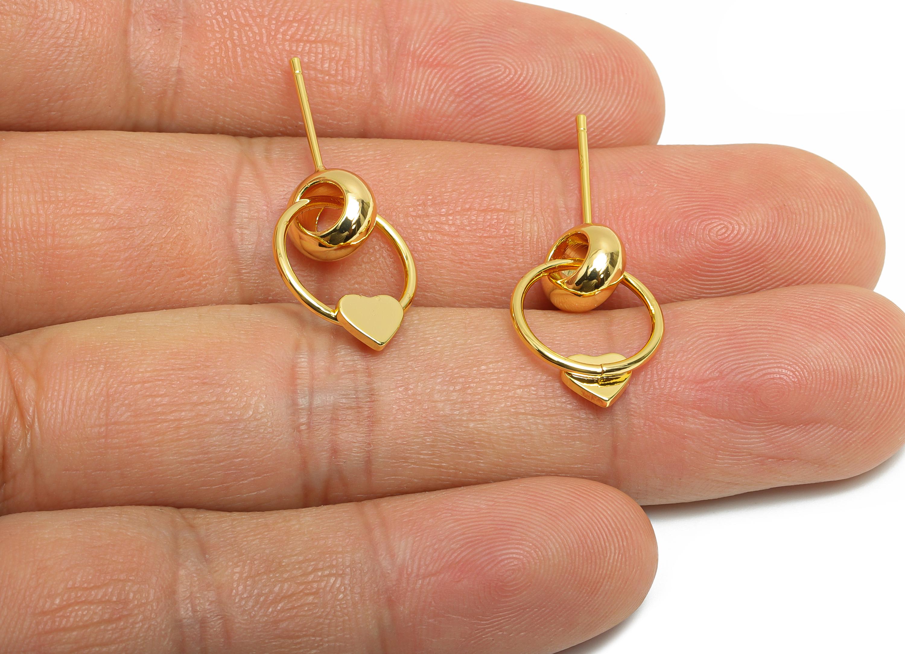 Brass Dangle Earring Stud - Brass Double Round Interlock Earring Post - Heart Dangle Earring Post -18K Real Gold-Plated - 18x13x4mm -RGP9444 - DOMEDBAZAAR