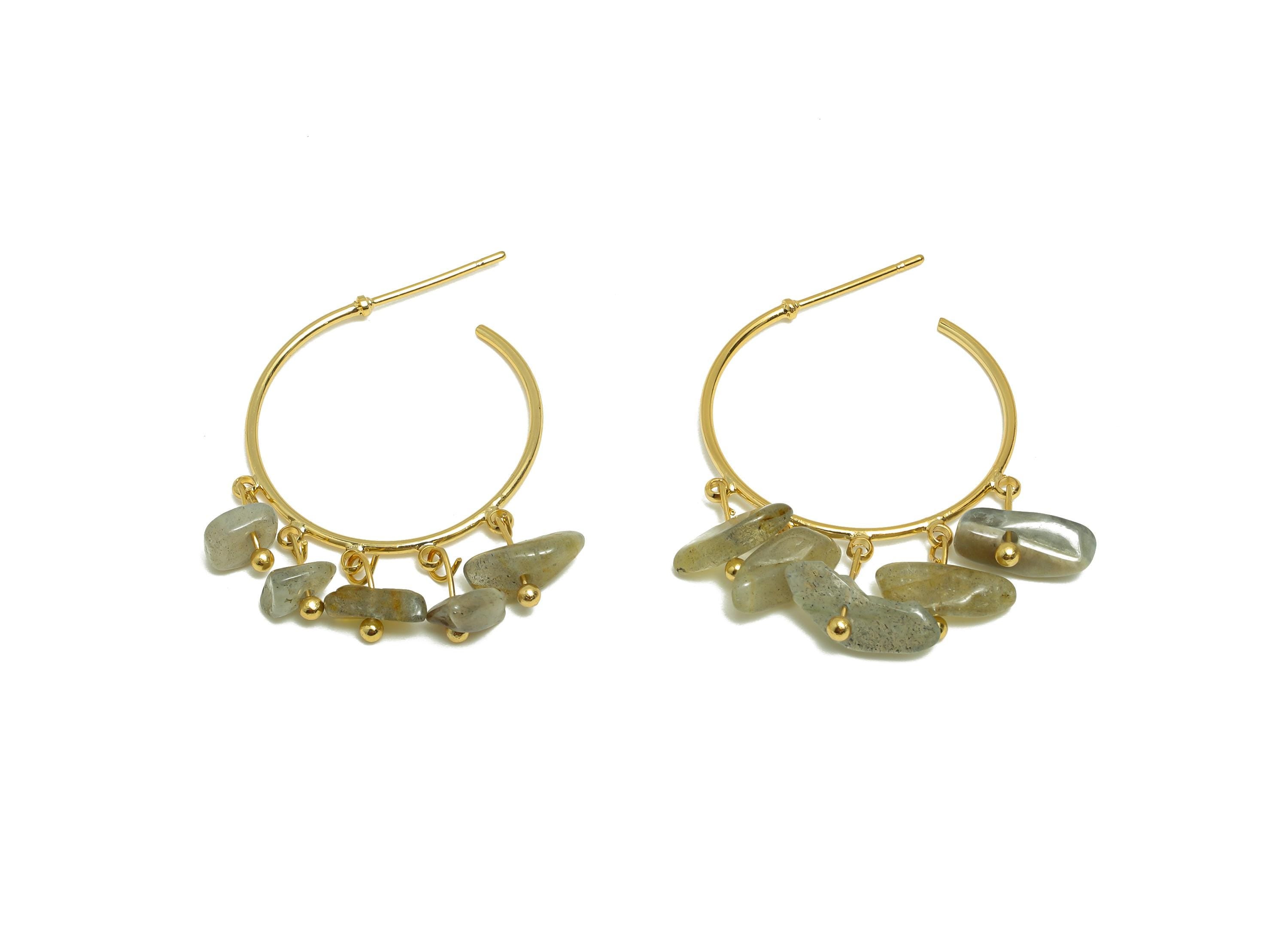 Labradorite Hoop Earring - Brass Dangle Hoop Handmade Earring - Brass Boho Hoop C Earring Post - 18K Real Gold Plated - 35x25x4mm - RGP9283D - DOMEDBAZAAR