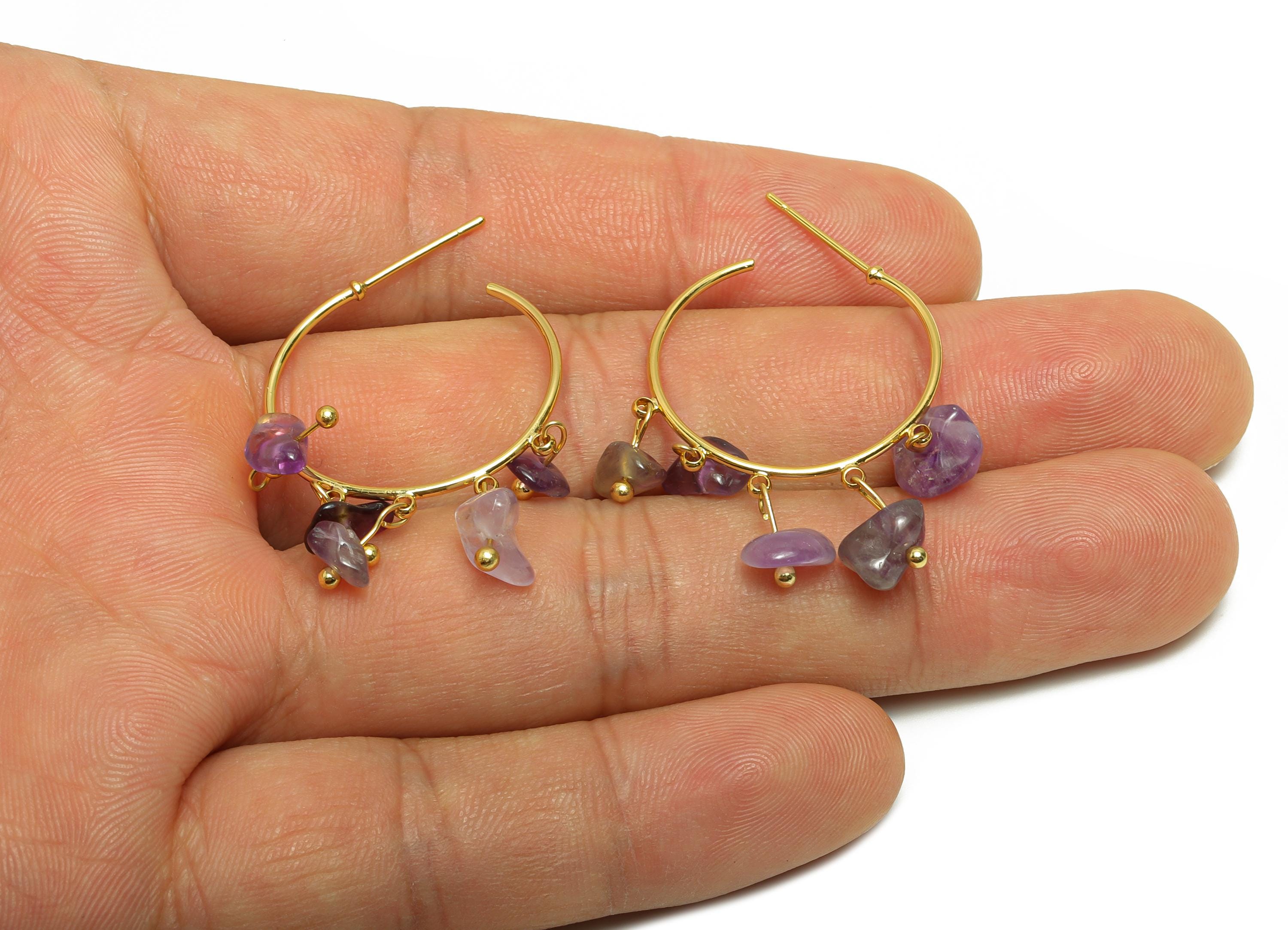 Amethyst Hoop Earring - Brass Dangle Hoop Handmade Earring - Brass Boho Hoop C Earring Post - 18K Real Gold Plated - 38x25x6mm - RGP9283E - DOMEDBAZAAR