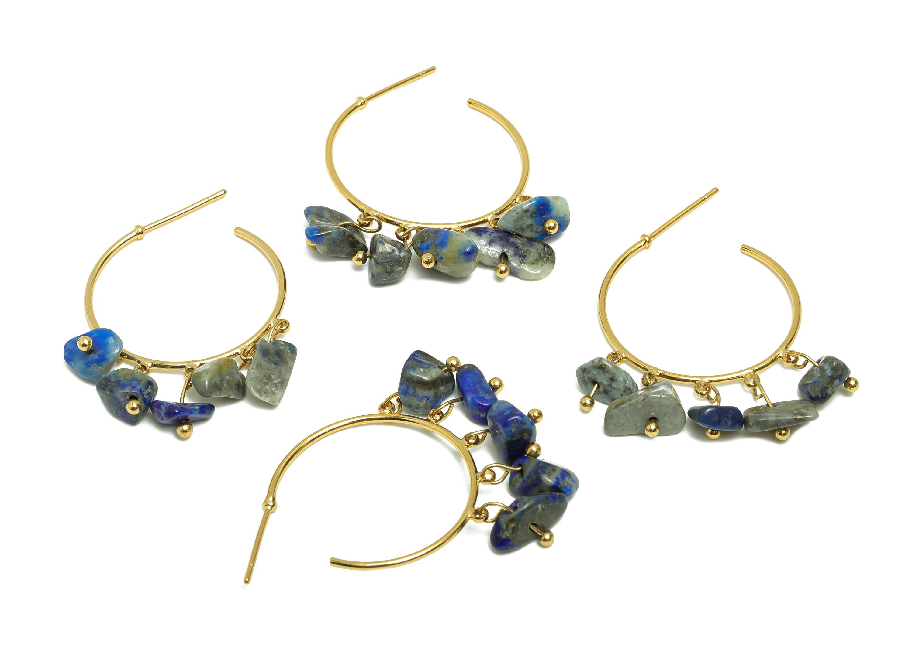 Lapis Lazuli Hoop Earring - Brass Dangle Hoop Handmade Earring - Brass Boho Hoop C Earring Post - 18K Real Gold Plated - 37x25x3mm -RGP9283H - DOMEDBAZAAR