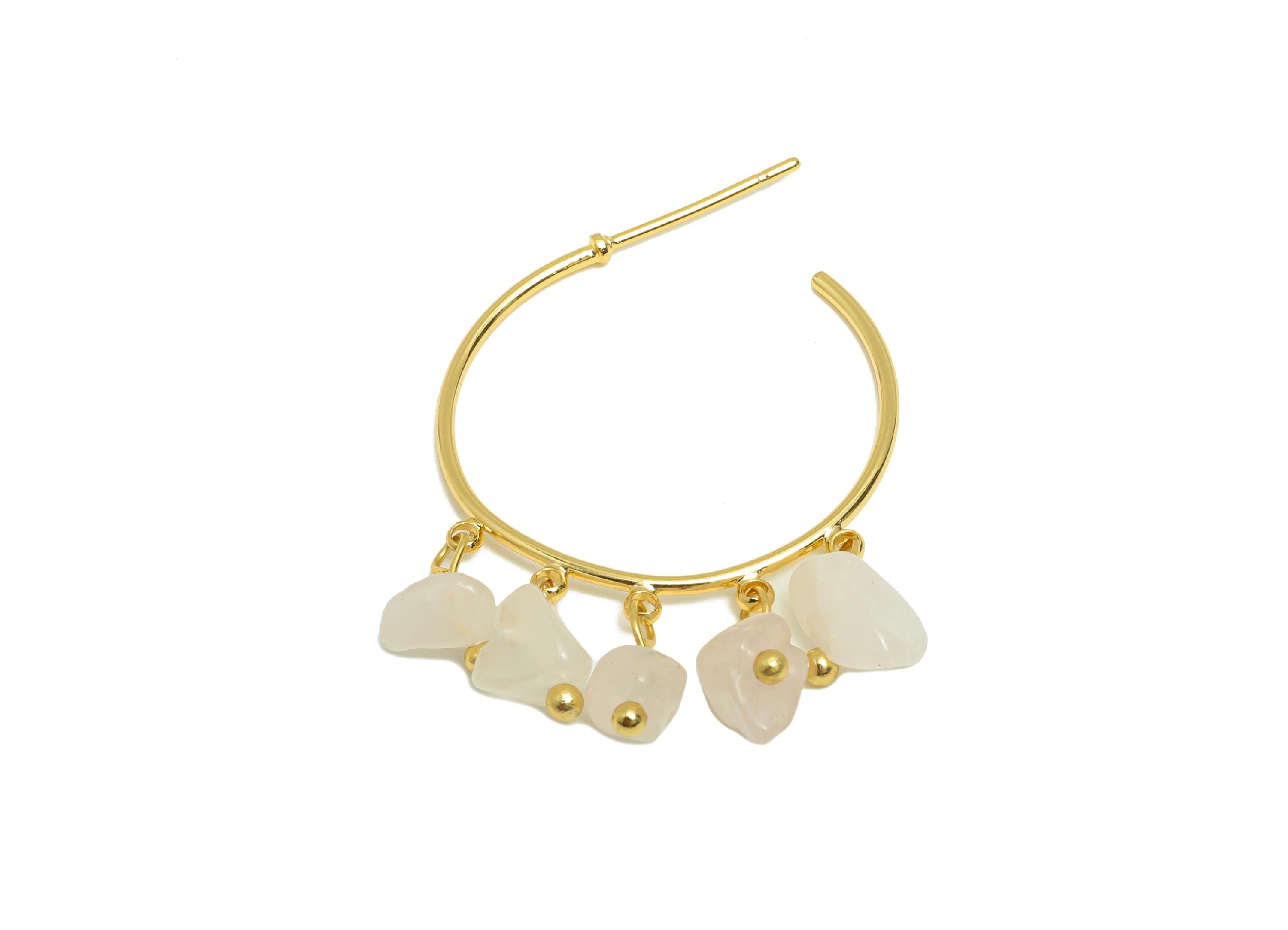 Rose Quartz Hoop Earring - Brass Dangle Hoop Handmade Earring - Boho Hoop C Earring Post - 18K Real Gold Plated - 39x25x3.8mm - RGP9283C - DOMEDBAZAAR