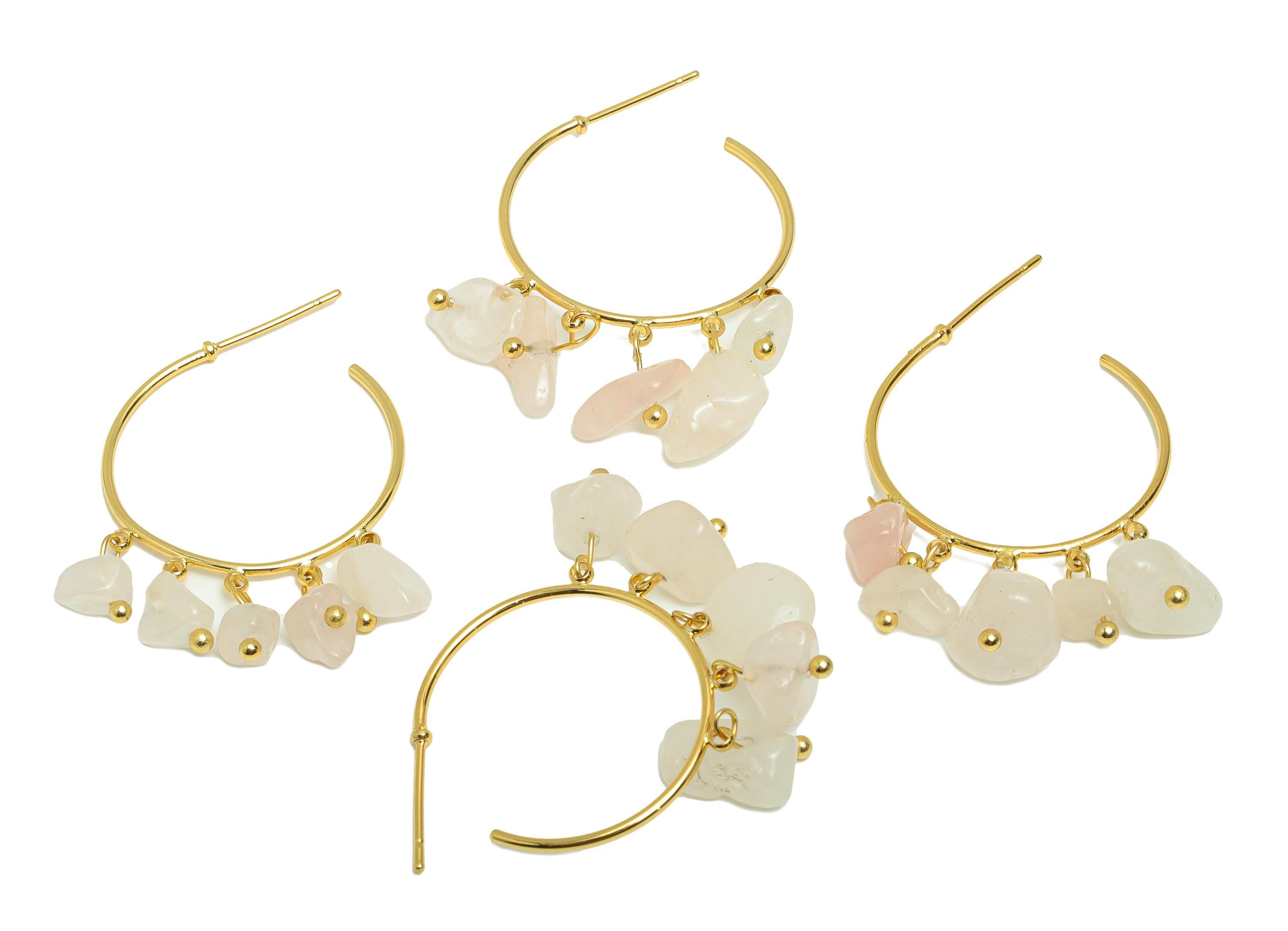 Rose Quartz Hoop Earring - Brass Dangle Hoop Handmade Earring - Boho Hoop C Earring Post - 18K Real Gold Plated - 39x25x3.8mm - RGP9283C - DOMEDBAZAAR