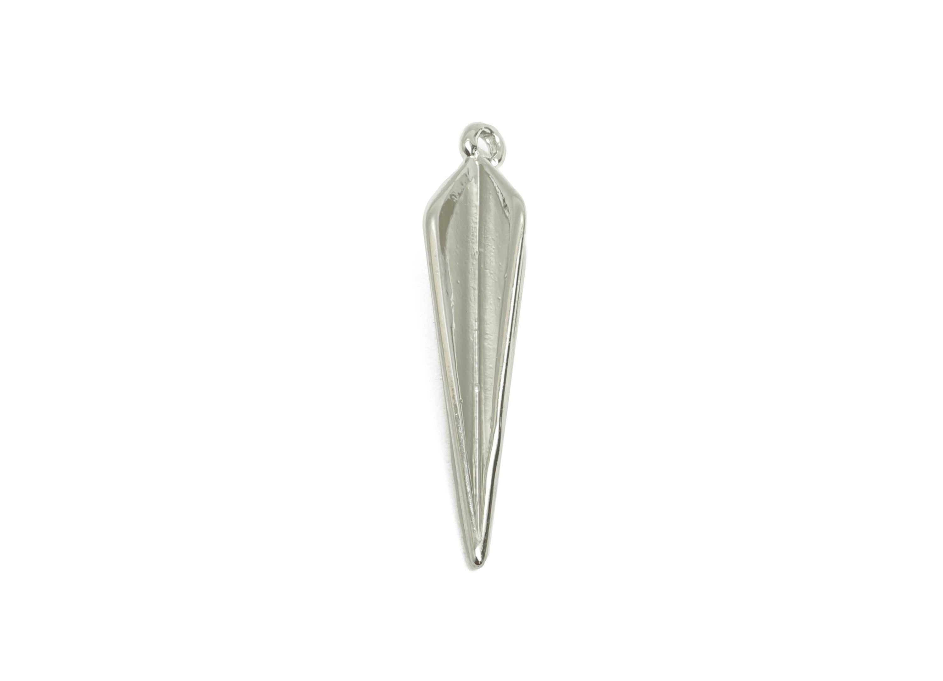 Brass Pointed Earring Charm - Brass Tapered Spike Pendant - Silver Spike Modern Charm - 18K Real White Gold Plated - 23x6x4.3mm - RGP9306 - DOMEDBAZAAR