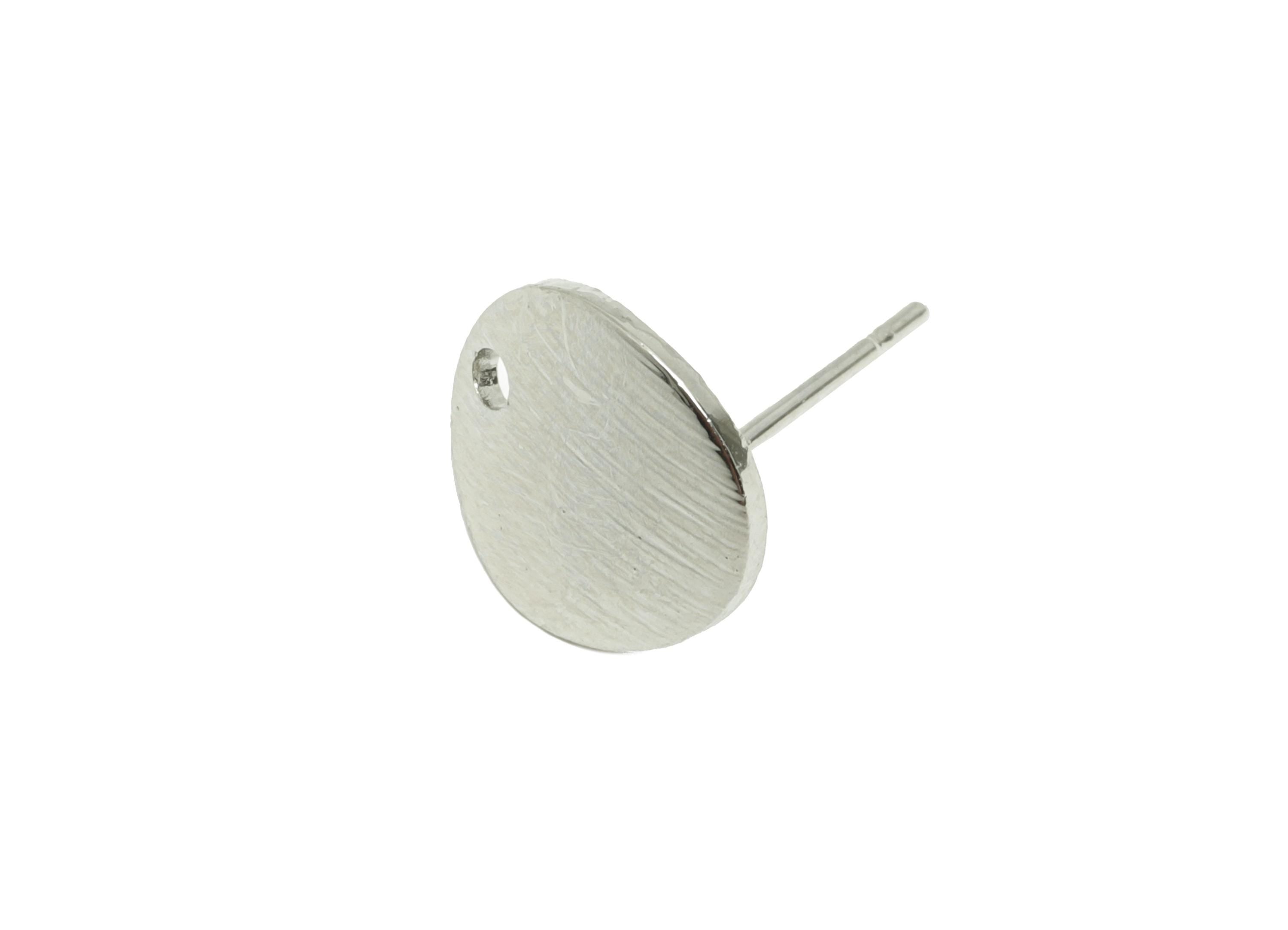 Silver Round Earring - Brass Textured Bent Earring Post - Everyday Minimalist Jewelry - 18K Real White Gold Plating - 13x10x1mm - RGP9307 - DOMEDBAZAAR