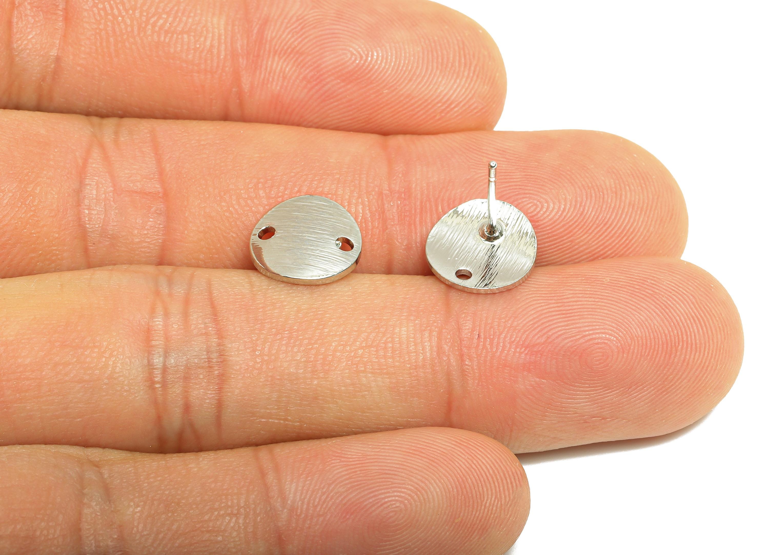 Silver Round Earring - Brass Textured Bent Earring Post - Everyday Minimalist Jewelry - 18K Real White Gold Plating - 13x10x1mm - RGP9307 - DOMEDBAZAAR