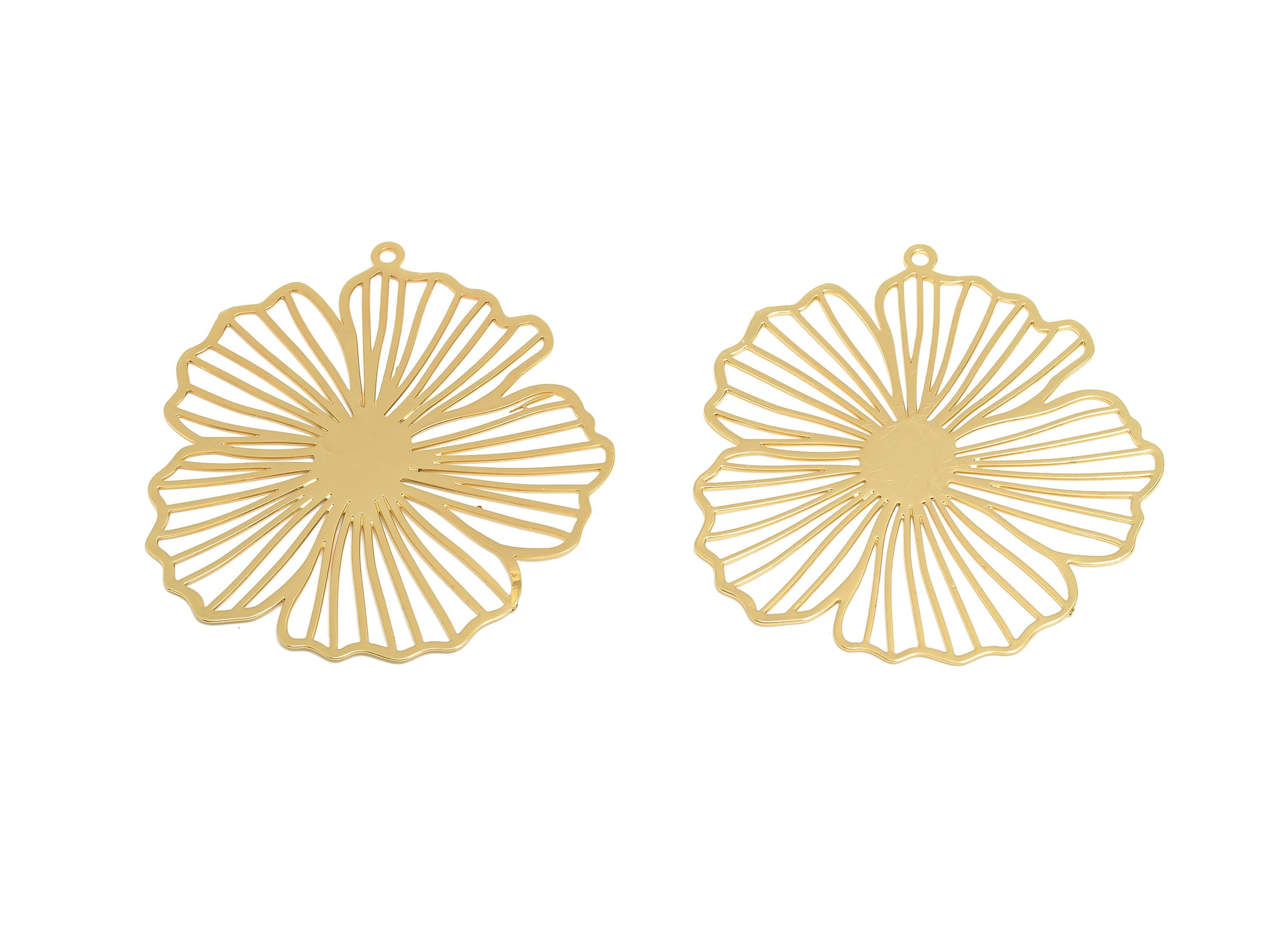 Gold Flower Earring Charm - Brass Flower Outline Pendant - Flower Earring Charm - DIY Jewelry - 18K Real Gold Plated - 36x34x0.4mm - RGP9311 - DOMEDBAZAAR