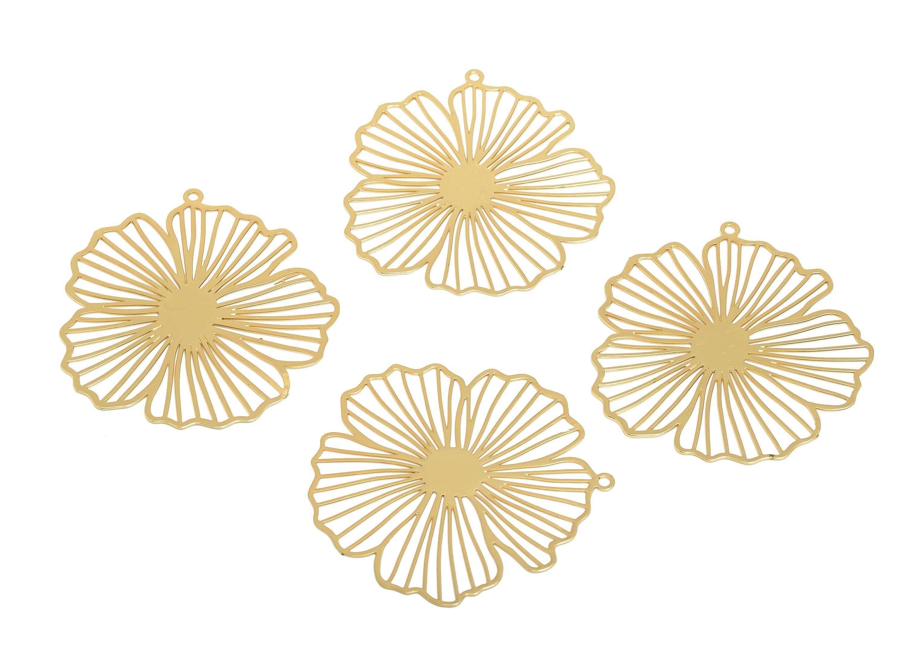 Gold Flower Earring Charm - Brass Flower Outline Pendant - Flower Earring Charm - DIY Jewelry - 18K Real Gold Plated - 36x34x0.4mm - RGP9311 - DOMEDBAZAAR