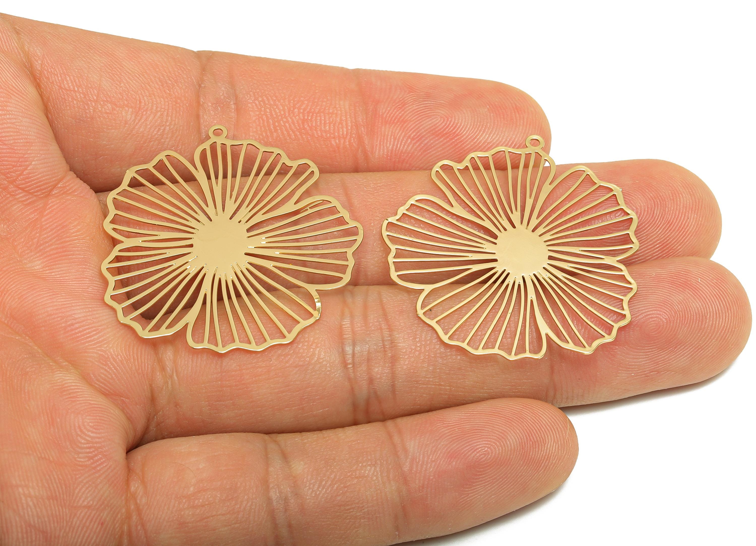 Gold Flower Earring Charm - Brass Flower Outline Pendant - Flower Earring Charm - DIY Jewelry - 18K Real Gold Plated - 36x34x0.4mm - RGP9311 - DOMEDBAZAAR
