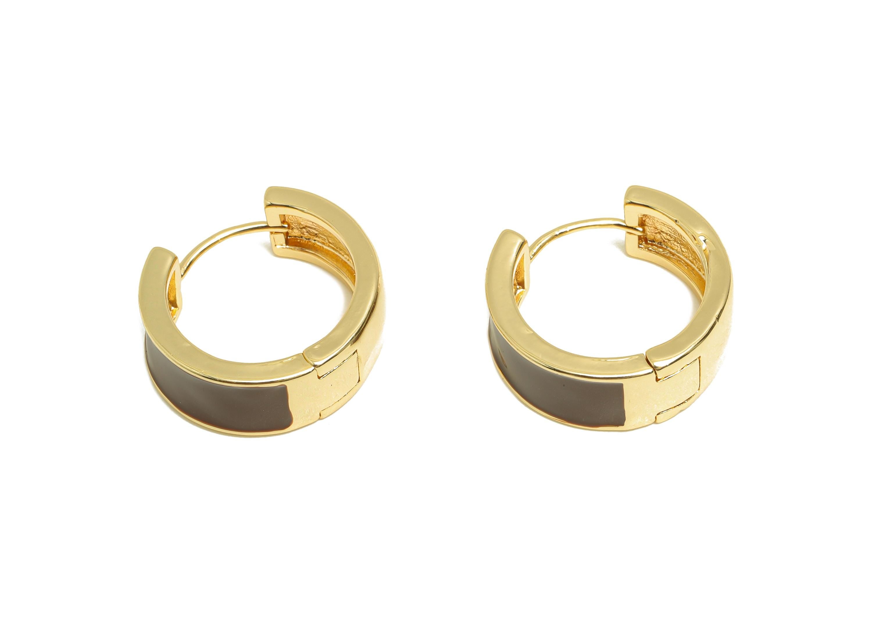 Brass Hoop Huggie Earring - Brass Enamel Hoop Clasp  Earring - Trendy Chunky Hoop Earring - 18K Real Gold Plated - 15.5x15.2x6mm - RGP9320