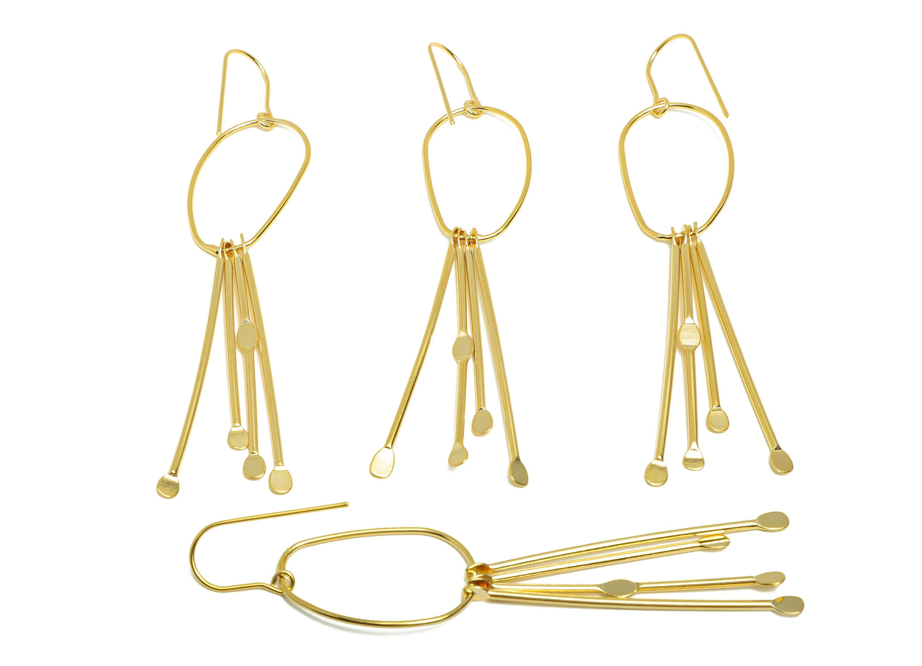 Brass Abstract Ear Hook - Brass Tassel Earring Hook - Hammered Unique Dangle Earring Hook - Brass Gold Artisanal Jewelry - 91x20x1mm-RGP9326 - DOMEDBAZAAR