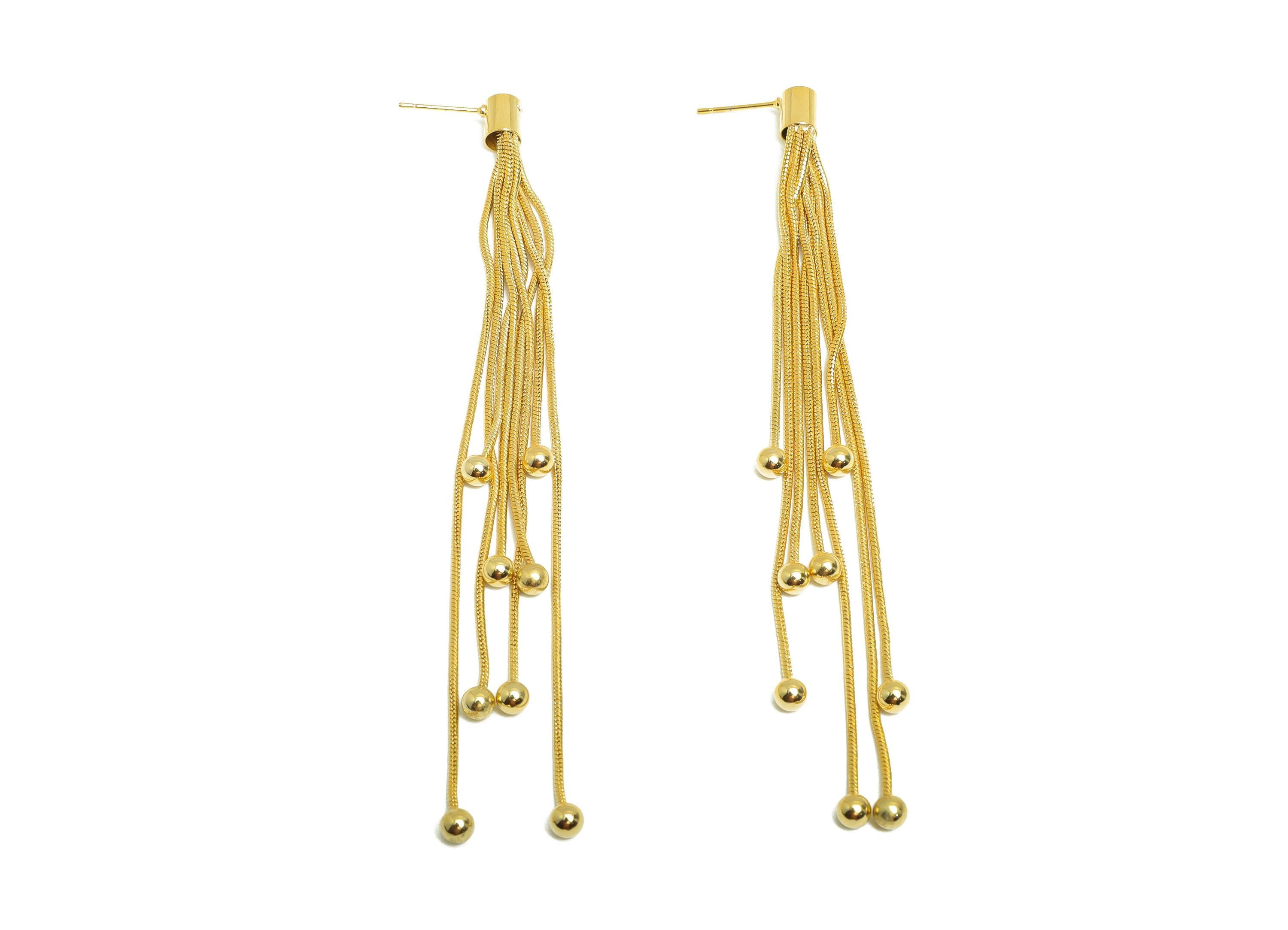 Elegant Dangle Earring Post - Brass Gold Tassel Earring Stud - Modern Beaded Fringe Earring - 18K Real Gold Plated - 104x5x5mm - RGP9328