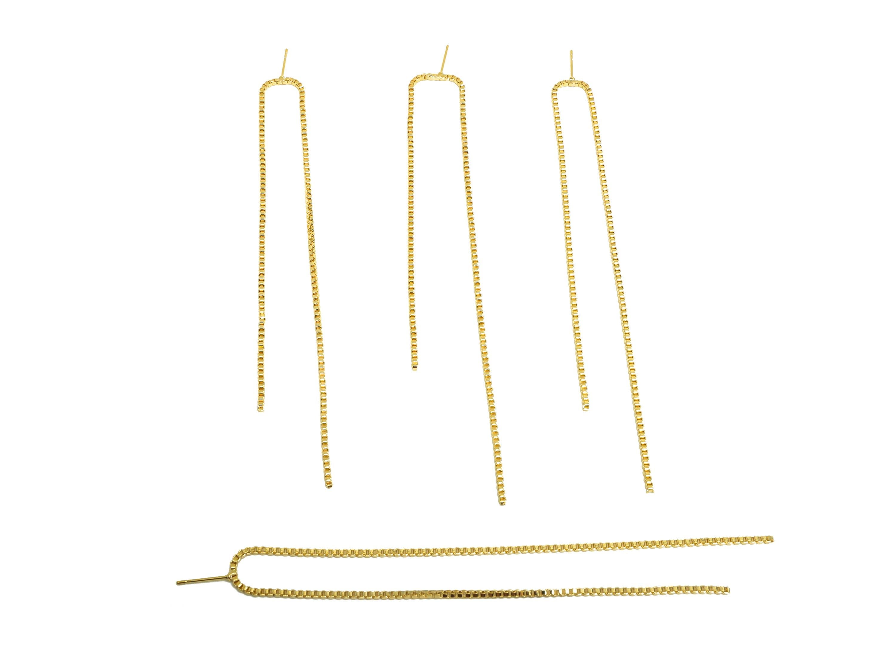 Modern Dangle Earring Post - Brass Gold Tassel Earring Stud - Simple Threader Box Chain Earring - 18K Real Gold Plated - 129x12x1mm -RGP9330 - DOMEDBAZAAR