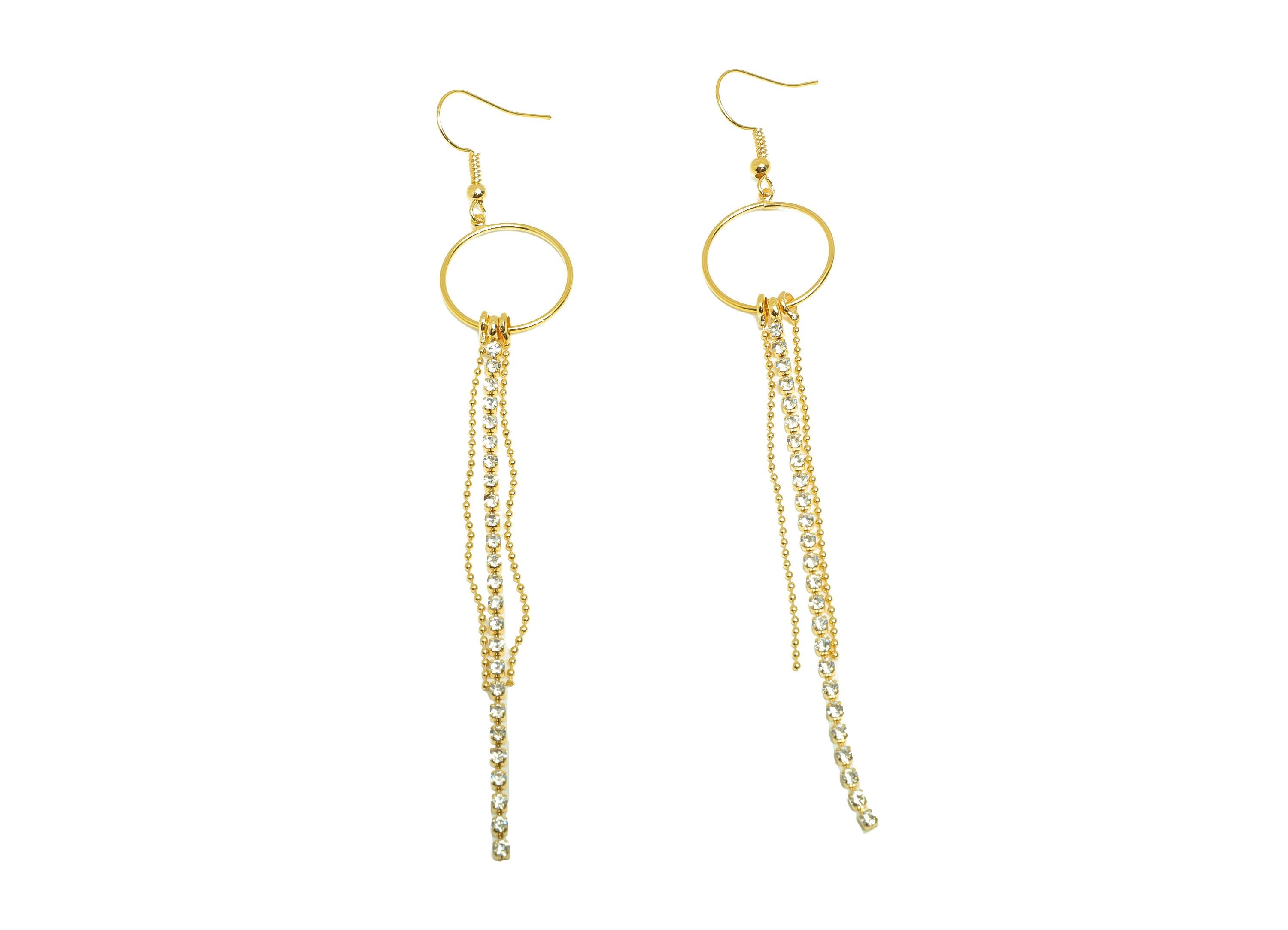 Zircon Chain Tassel Earring - Brass Gold Tassel Boho Earring Hook - Brass Beaded Chain Jewelry - 18K Real Gold Plating - 114x19x1mm -RGP9332