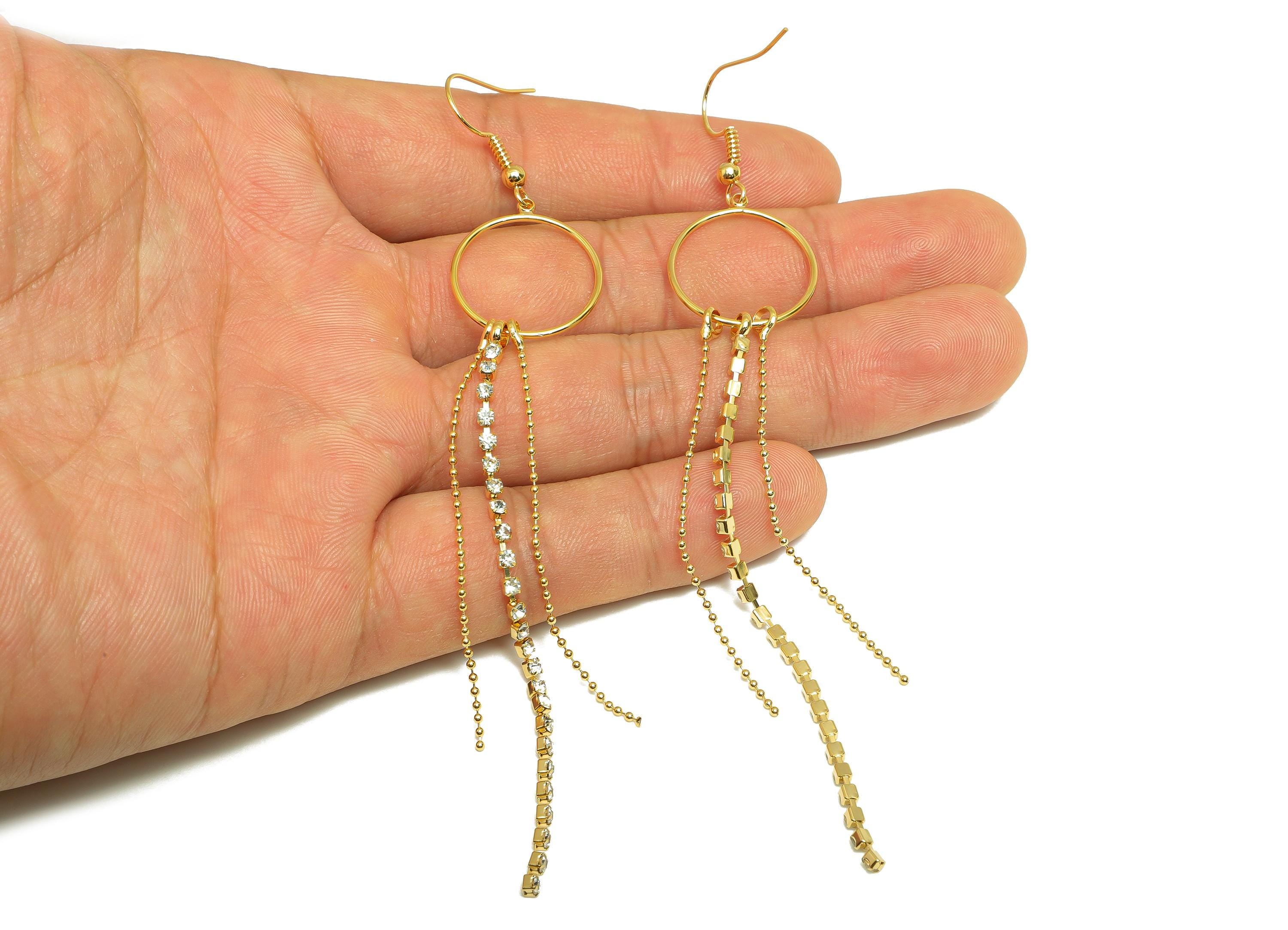 Zircon Chain Tassel Earring - Brass Gold Tassel Boho Earring Hook - Brass Beaded Chain Jewelry - 18K Real Gold Plating - 114x19x1mm -RGP9332 - DOMEDBAZAAR