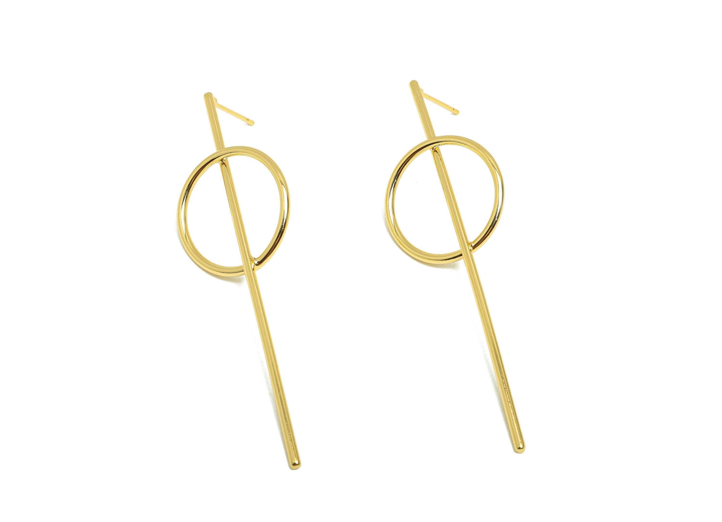 Abstract Earring Post - Brass Gold Circle and Bar Earring Post - Linear Design Earring Stud - 18K Real Gold Plated - 65x20x1.7mm - RGP9333 - DOMEDBAZAAR