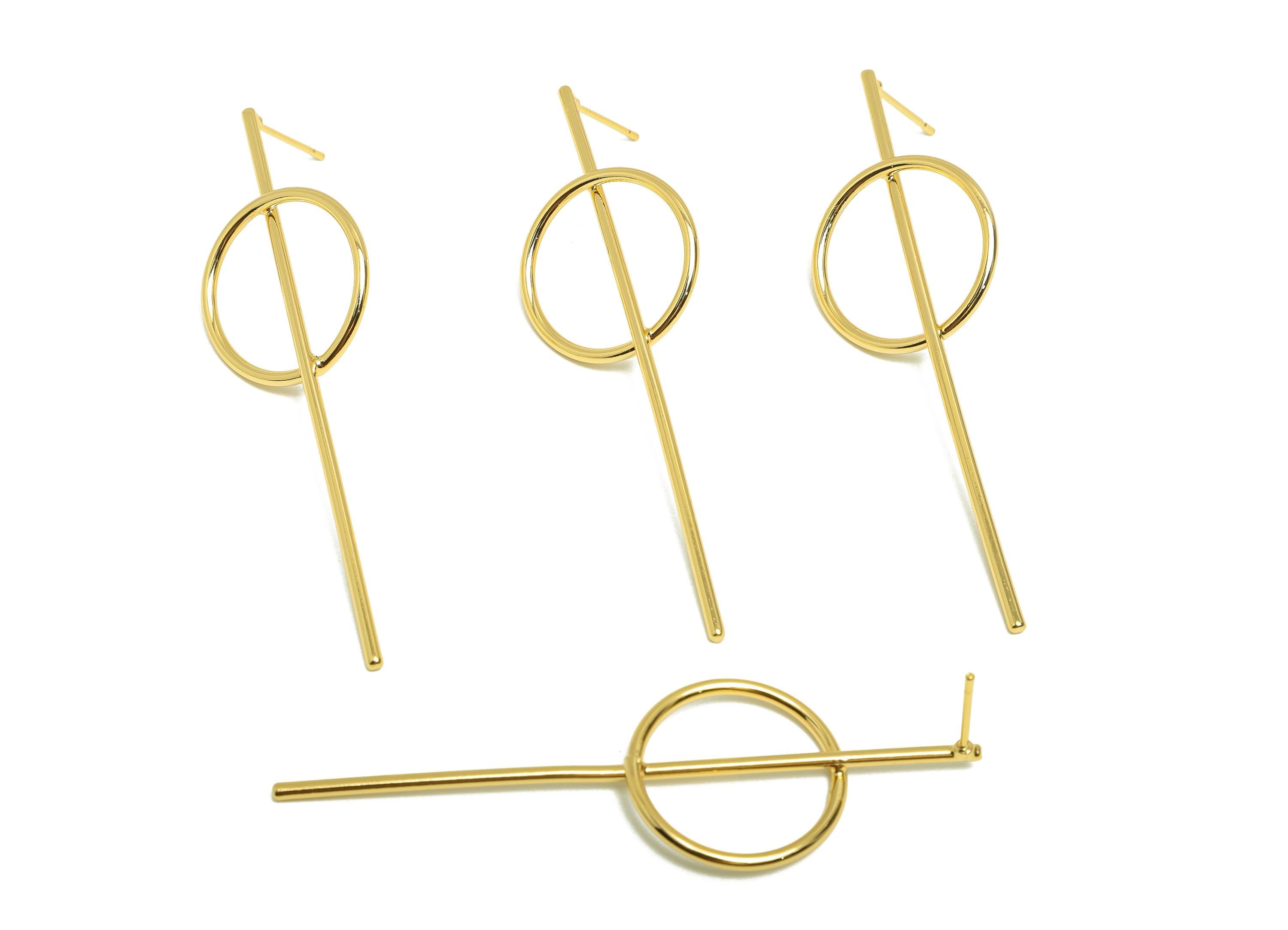 Abstract Earring Post - Brass Gold Circle and Bar Earring Post - Linear Design Earring Stud - 18K Real Gold Plated - 65x20x1.7mm - RGP9333 - DOMEDBAZAAR