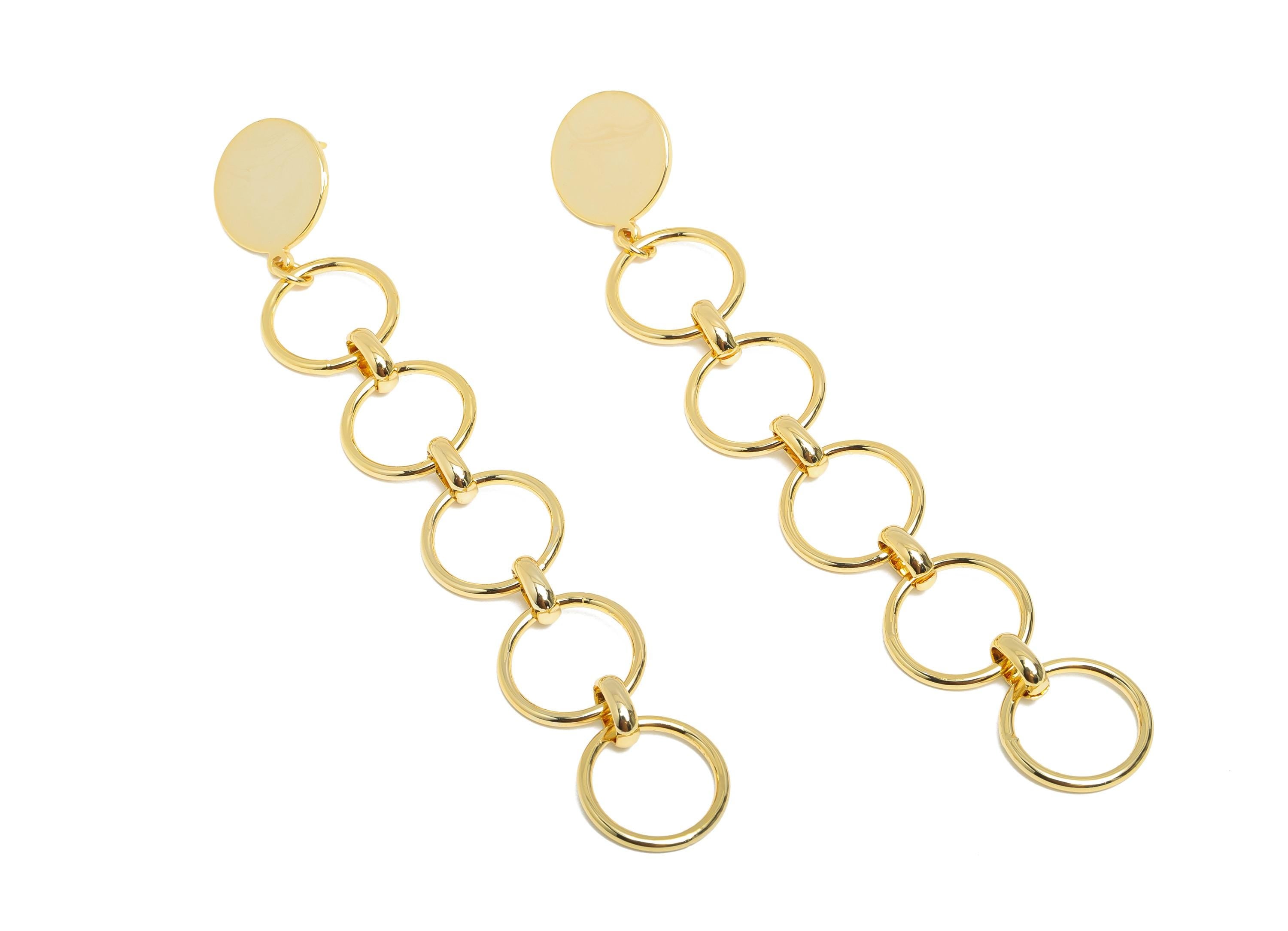 Long Dangle Earring - Brass Circle Link Earring Post - Gold Dangle Modern Geometric Earring - 18K Real Gold Plating - 103x15x1.3mm - RGP9344 - DOMEDBAZAAR