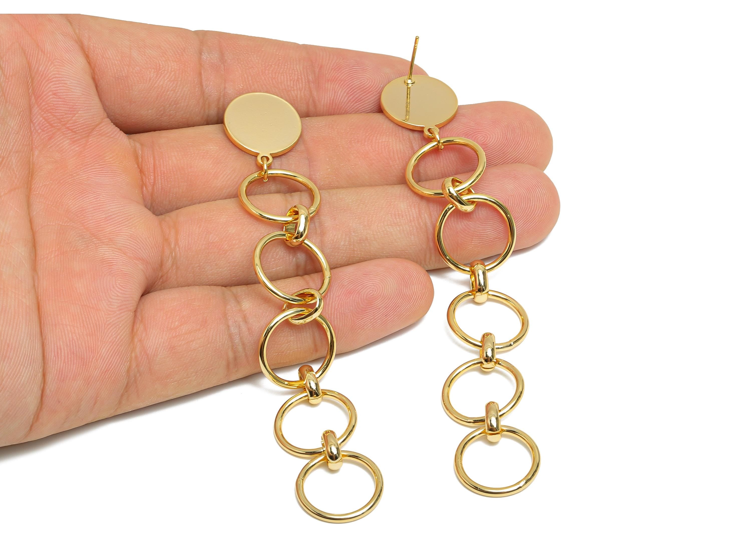 Long Dangle Earring - Brass Circle Link Earring Post - Gold Dangle Modern Geometric Earring - 18K Real Gold Plating - 103x15x1.3mm - RGP9344 - DOMEDBAZAAR