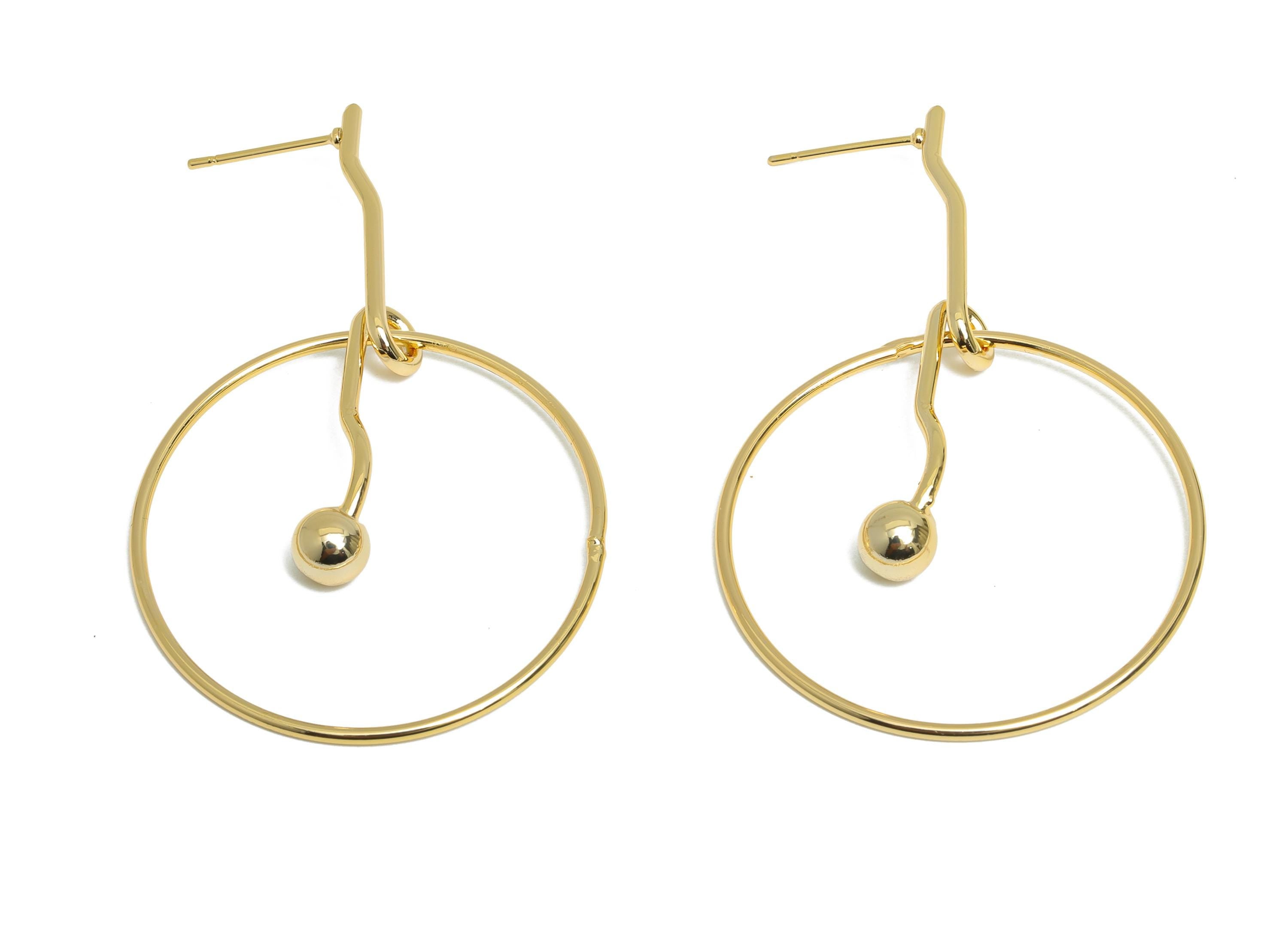 Artistic Earring Stud - Brass Gold Bead Hoop Earring Post- Trendy Geometric Earring Post - 18K Real Gold Plating - 55x35x1.5mm - RGP9348 - DOMEDBAZAAR