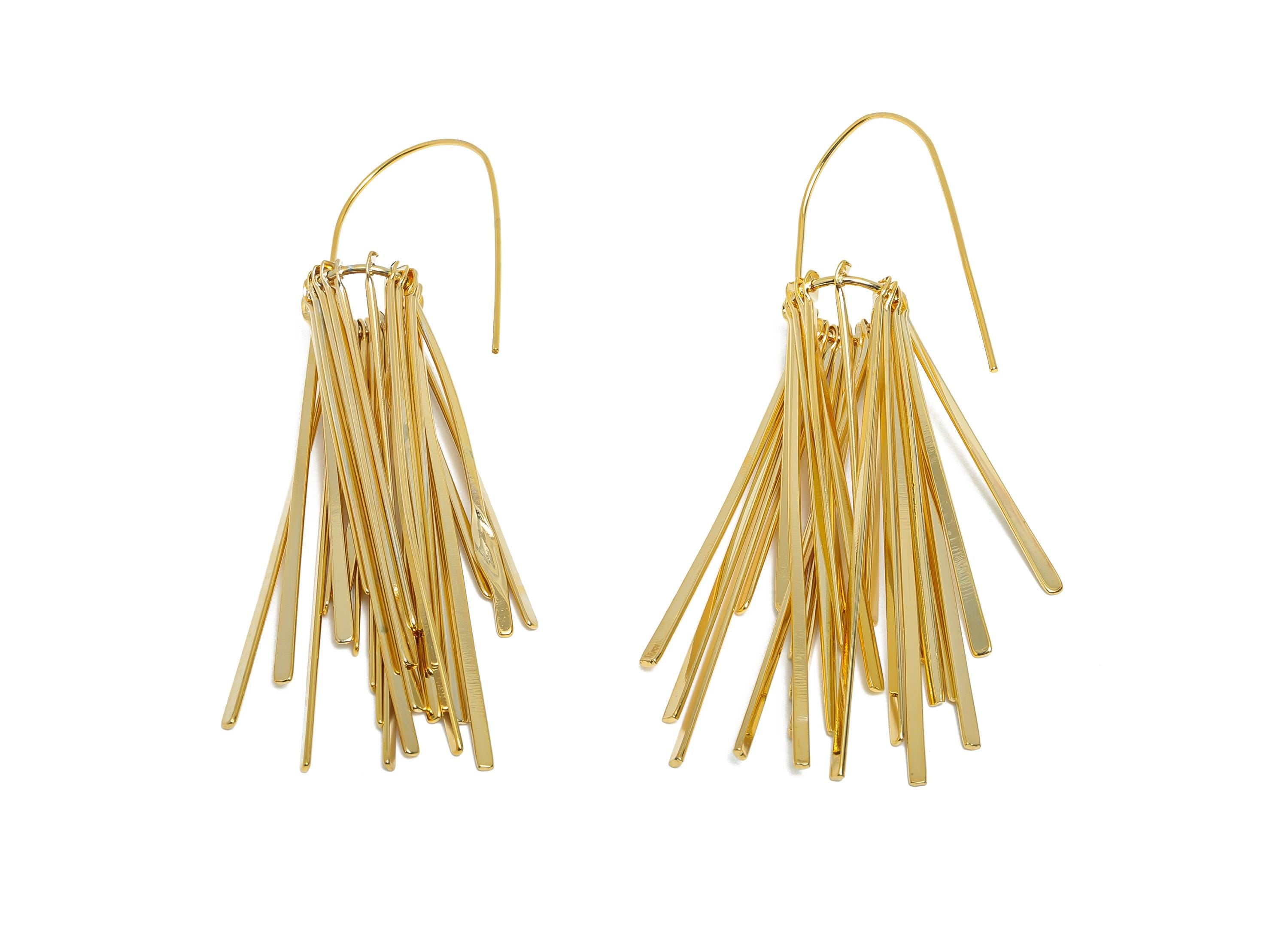 Gold Fringe Tassel Earring - Brass Long Dangle Earring Wire - Fashion Hammered Artistic Jewelry - 18K Real Gold Plated - 79x13x2.7 - RGP9349 - DOMEDBAZAAR