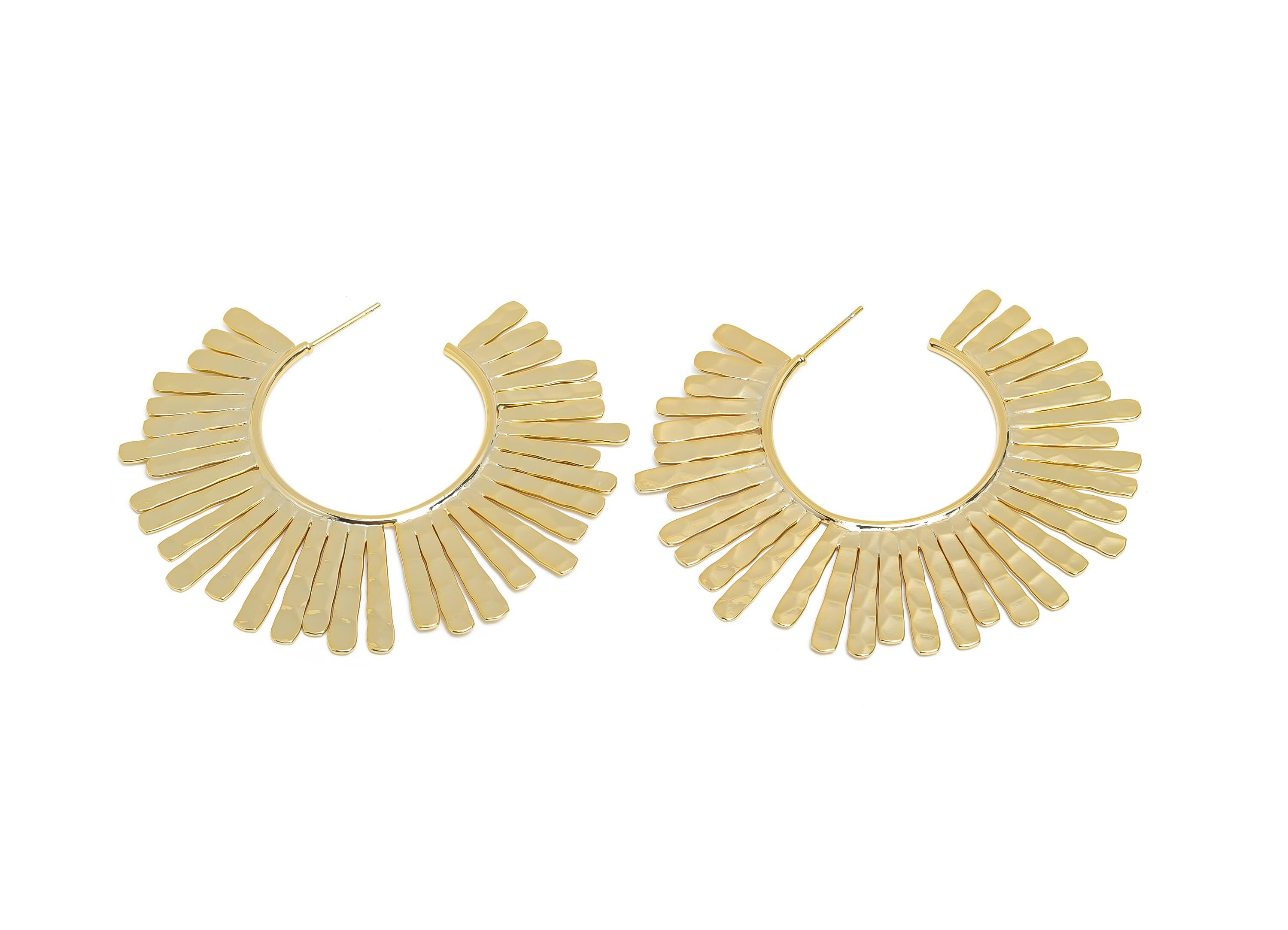 Hammered Artistic Earring Stud - Brass Gold Hoop Earring Post - Trendy Sculptural Earring Post - 18K Real Gold Plating - 64x54x1mm - RGP9350 - DOMEDBAZAAR