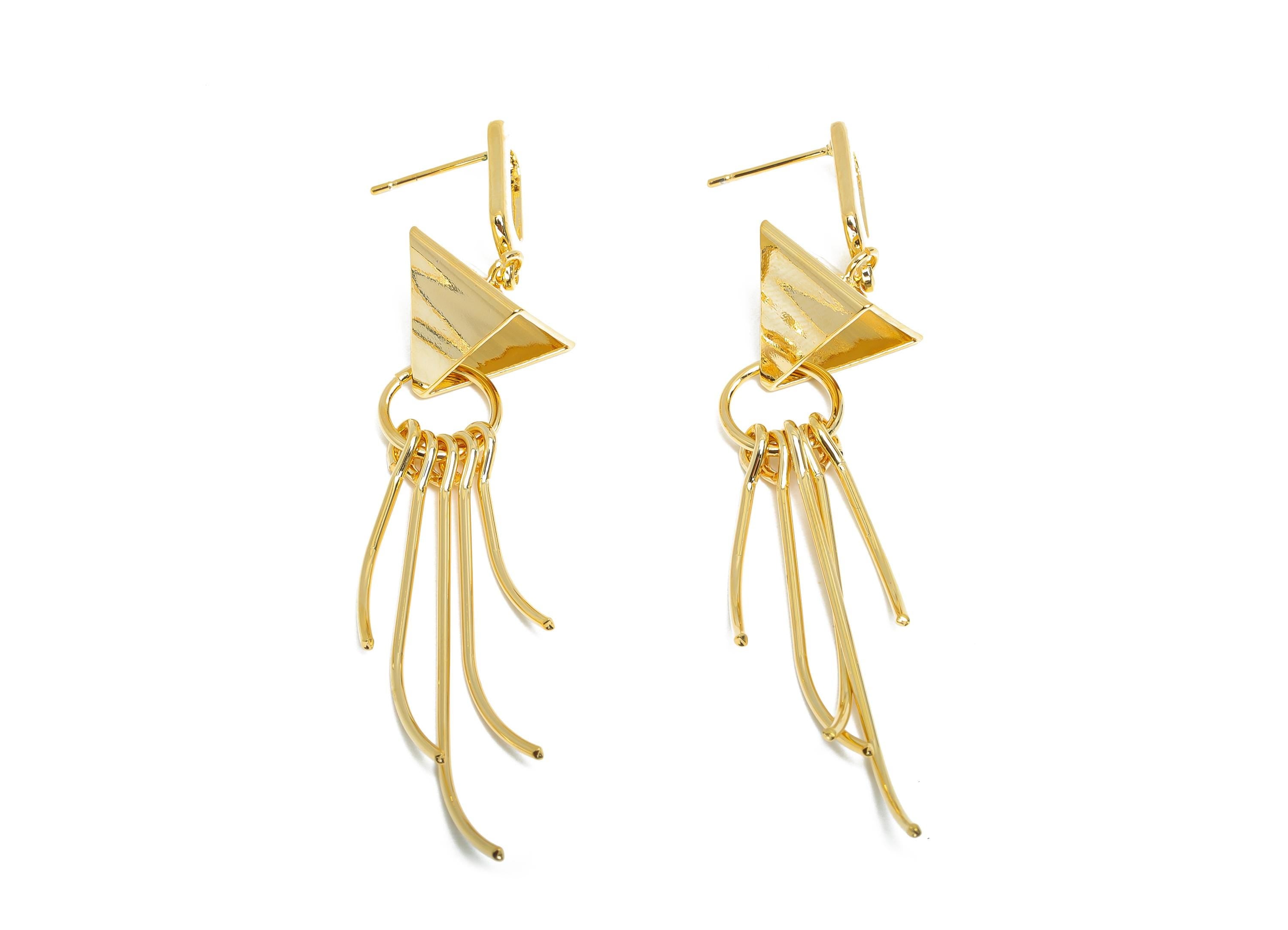 Brass Dangle Earring Stud - Brass Gold Artistic Earring Post - Modern Geometric Earring Post - 18K Real Gold Plating - 73x11x1mm - RGP9353 - DOMEDBAZAAR