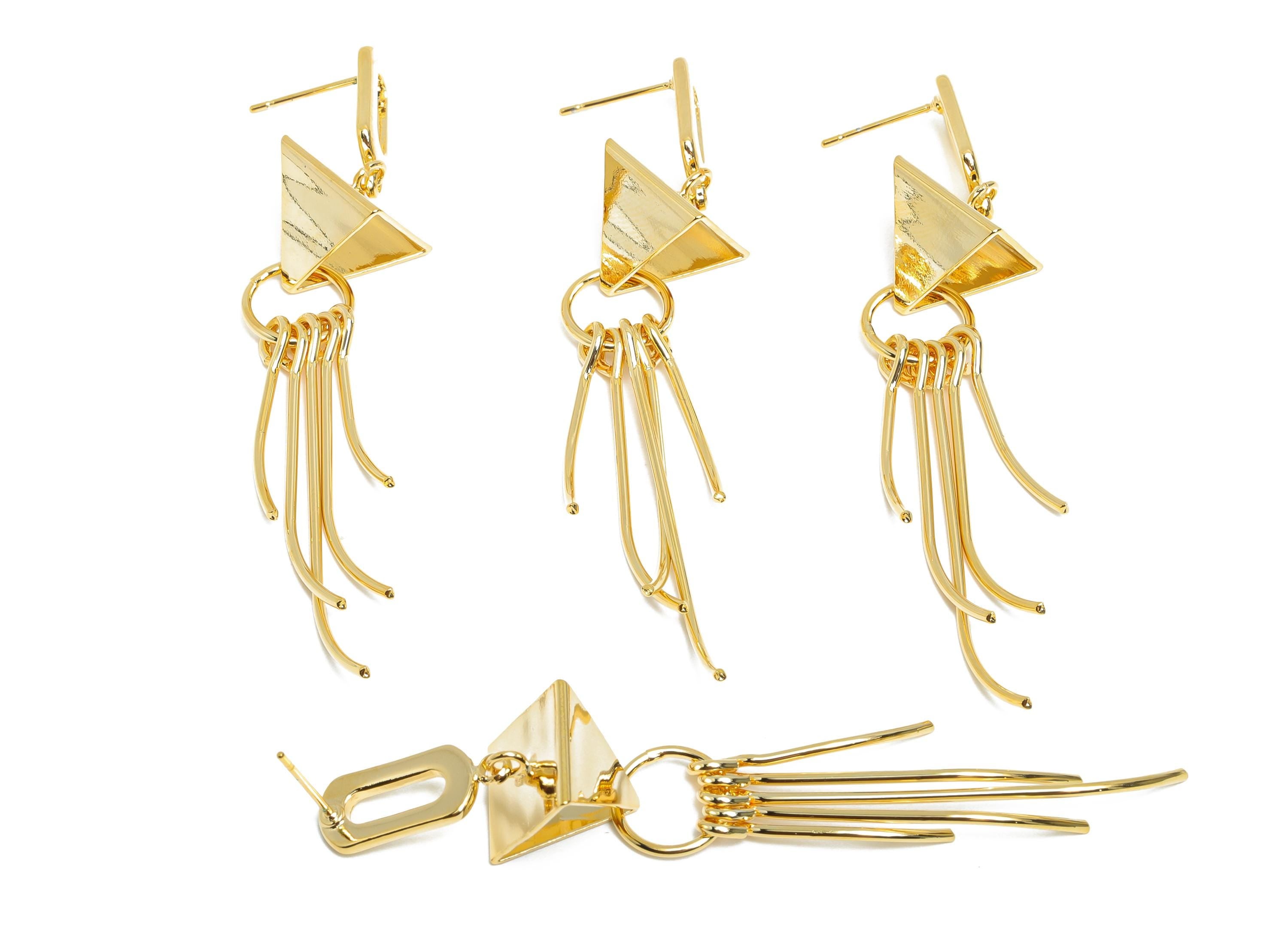 Brass Dangle Earring Stud - Brass Gold Artistic Earring Post - Modern Geometric Earring Post - 18K Real Gold Plating - 73x11x1mm - RGP9353 - DOMEDBAZAAR