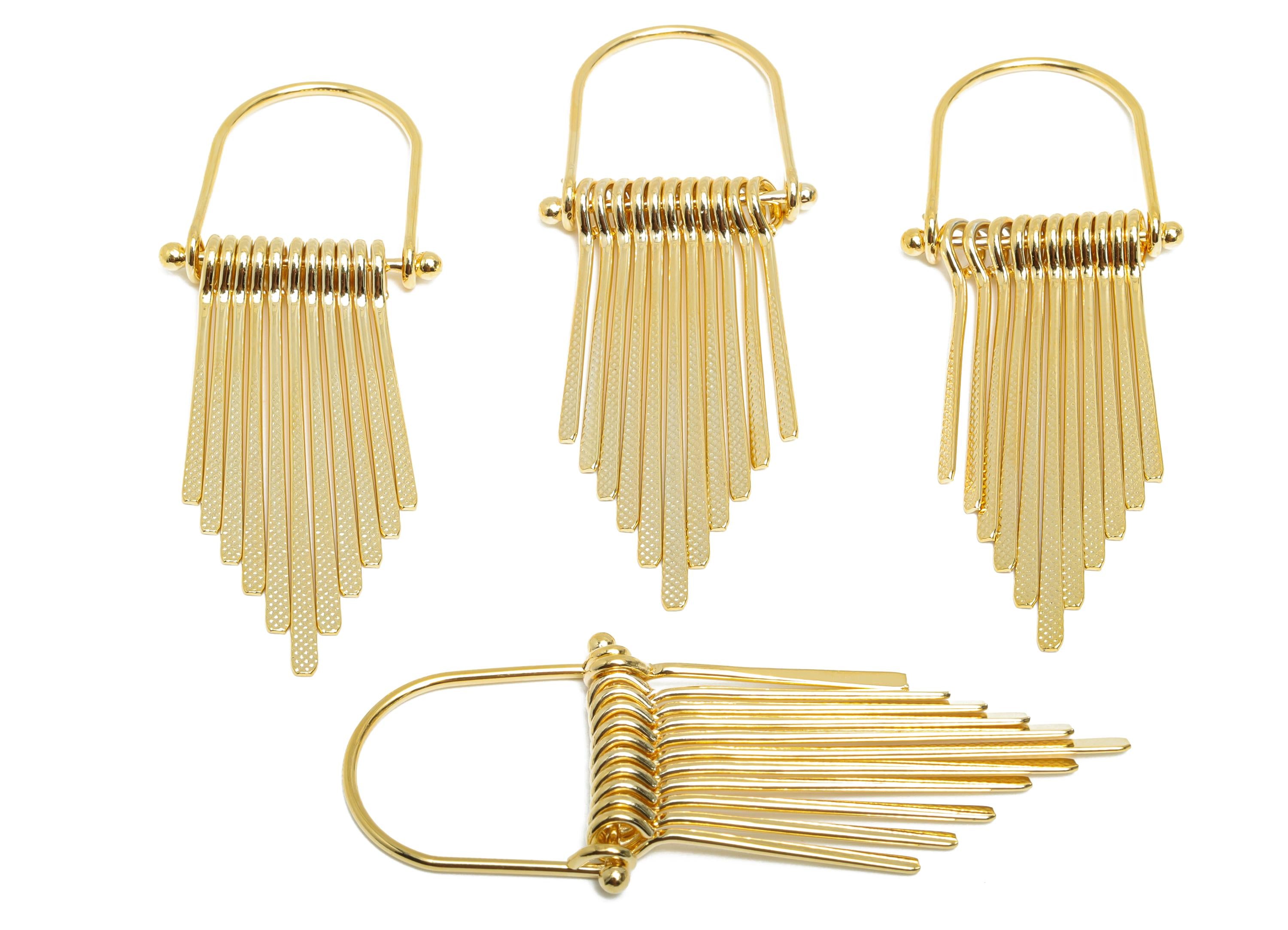 Gold Fringe Earring Charm - Brass Tassel Textured Hammered Charm - Dangle Artistic Jewelry - 18K Real Gold Plating - 65x24x5.3mm - RGP9355 - DOMEDBAZAAR