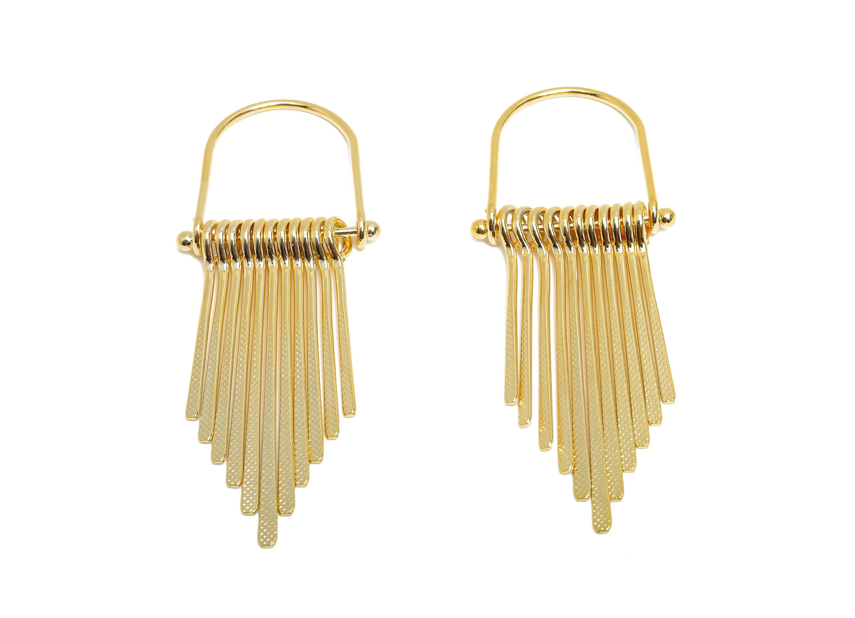 Gold Fringe Earring Charm - Brass Tassel Textured Hammered Charm - Dangle Artistic Jewelry - 18K Real Gold Plating - 65x24x5.3mm - RGP9355 - DOMEDBAZAAR