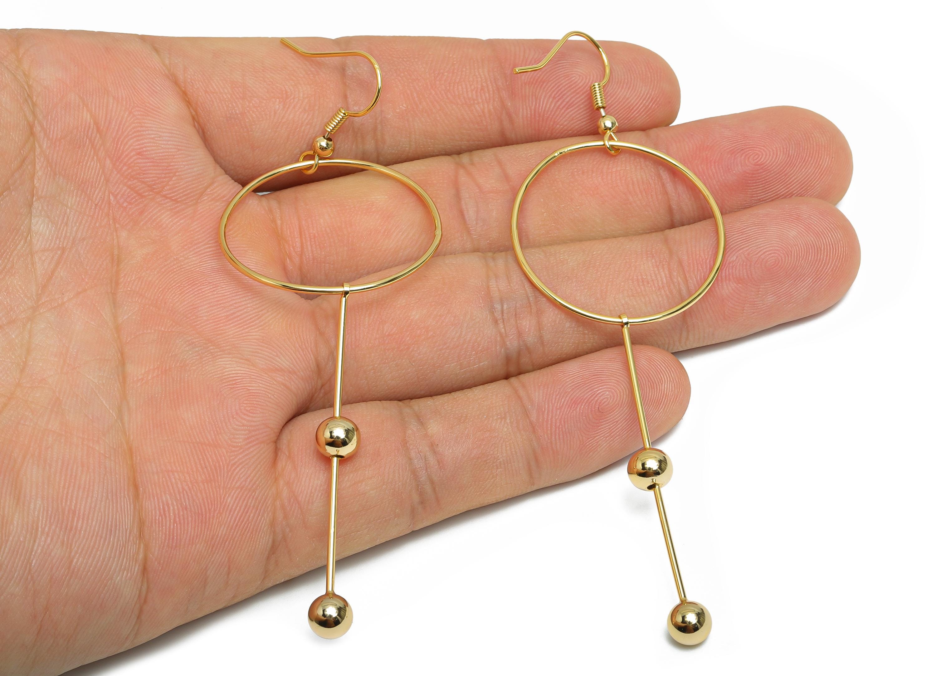 Modern Earring Hook - Brass Gold Stick Ball Hoop Earring Wire - Trendy Geometric Earring Post - 18K Real Gold Plated - 91x30x5mm - RGP9365 - DOMEDBAZAAR