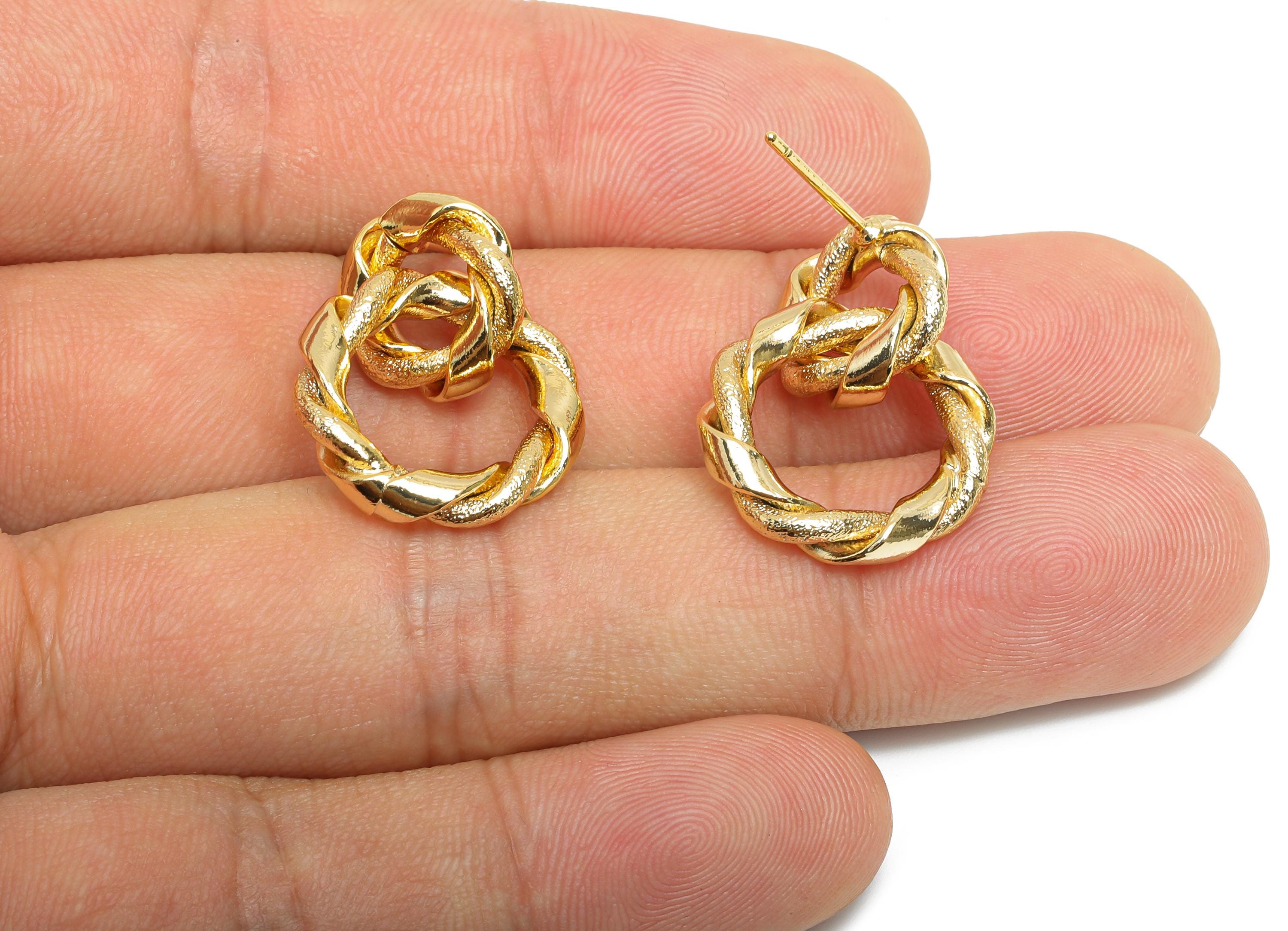 Gold Twisted Earring Stud - Brass Textured Unique Earring Post - Classic Dangle Jewelry - 18K Real Gold Plated - 24x18x3.6mm - RGP9370 - DOMEDBAZAAR