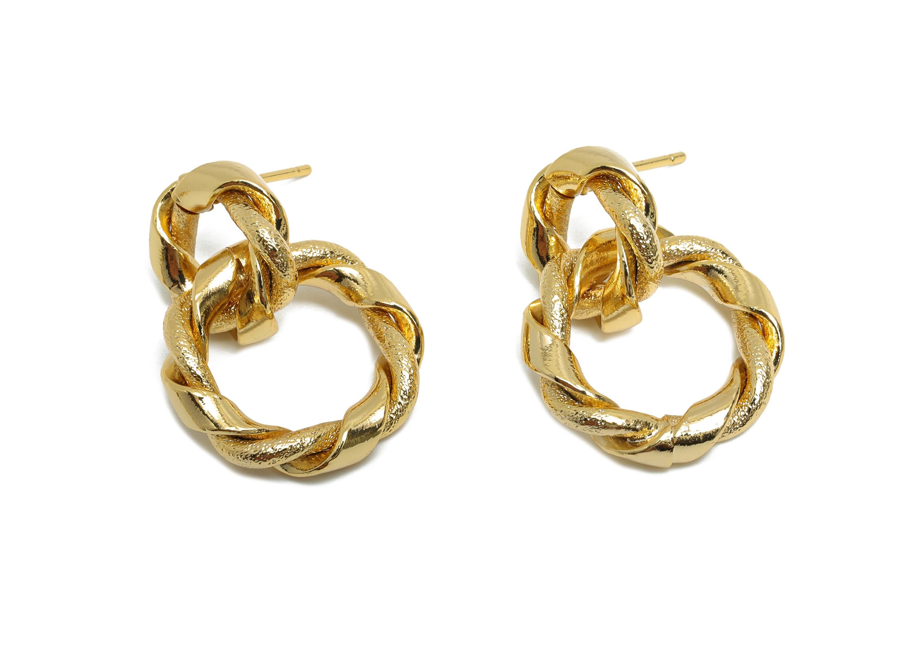 Gold Twisted Earring Stud - Brass Textured Unique Earring Post - Classic Dangle Jewelry - 18K Real Gold Plated - 24x18x3.6mm - RGP9370 - DOMEDBAZAAR