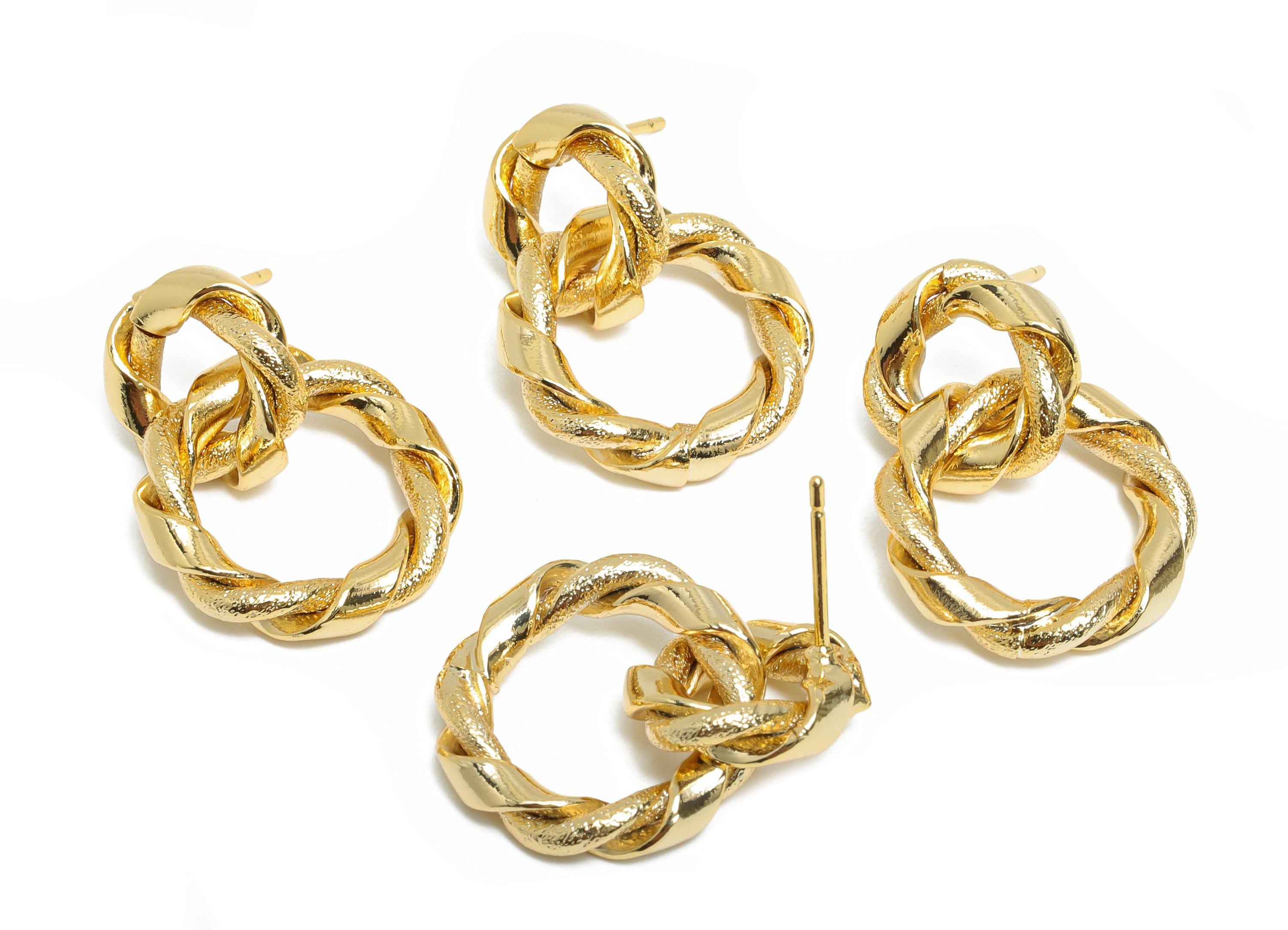 Gold Twisted Earring Stud - Brass Textured Unique Earring Post - Classic Dangle Jewelry - 18K Real Gold Plated - 24x18x3.6mm - RGP9370 - DOMEDBAZAAR