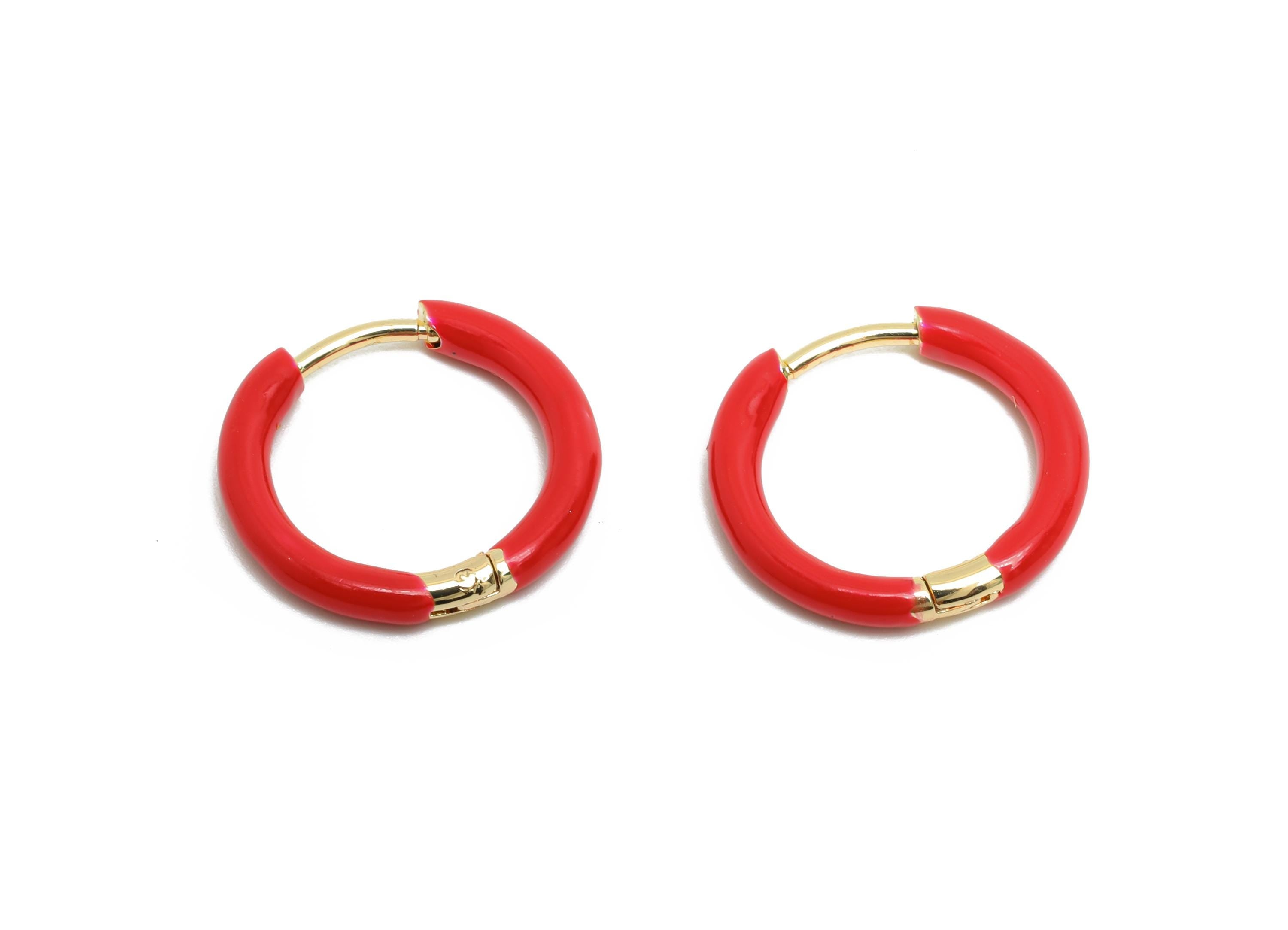 Gold Hoop Earring - Brass Enamel Red Unique Huggie Earring - Classic Hoop Minimalist Jewelry - 18K Real Gold Plated - 16.1x15x2mm - RGP9373