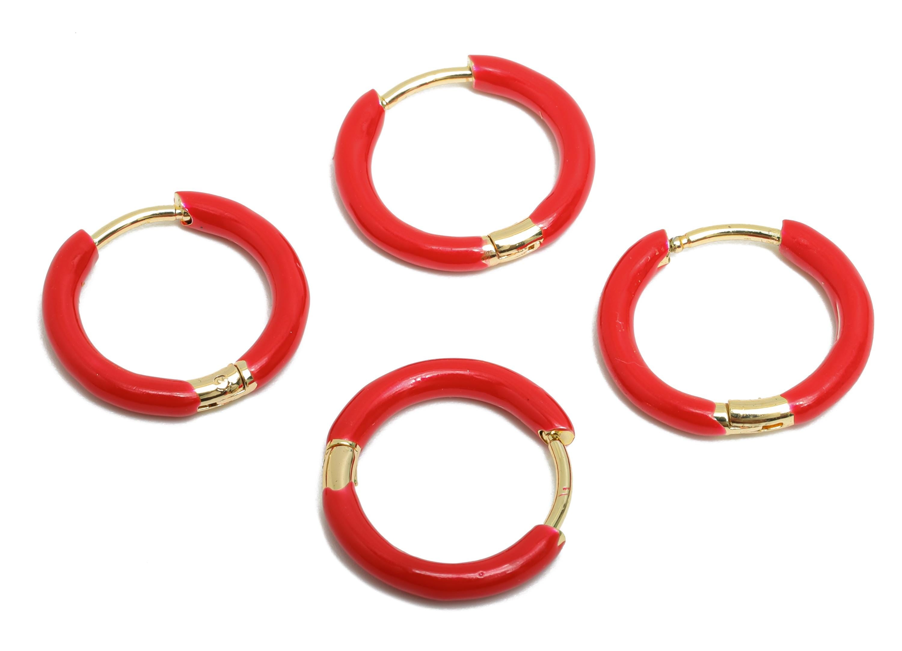 Gold Hoop Earring - Brass Enamel Red Unique Huggie Earring - Classic Hoop Minimalist Jewelry - 18K Real Gold Plated - 16.1x15x2mm - RGP9373