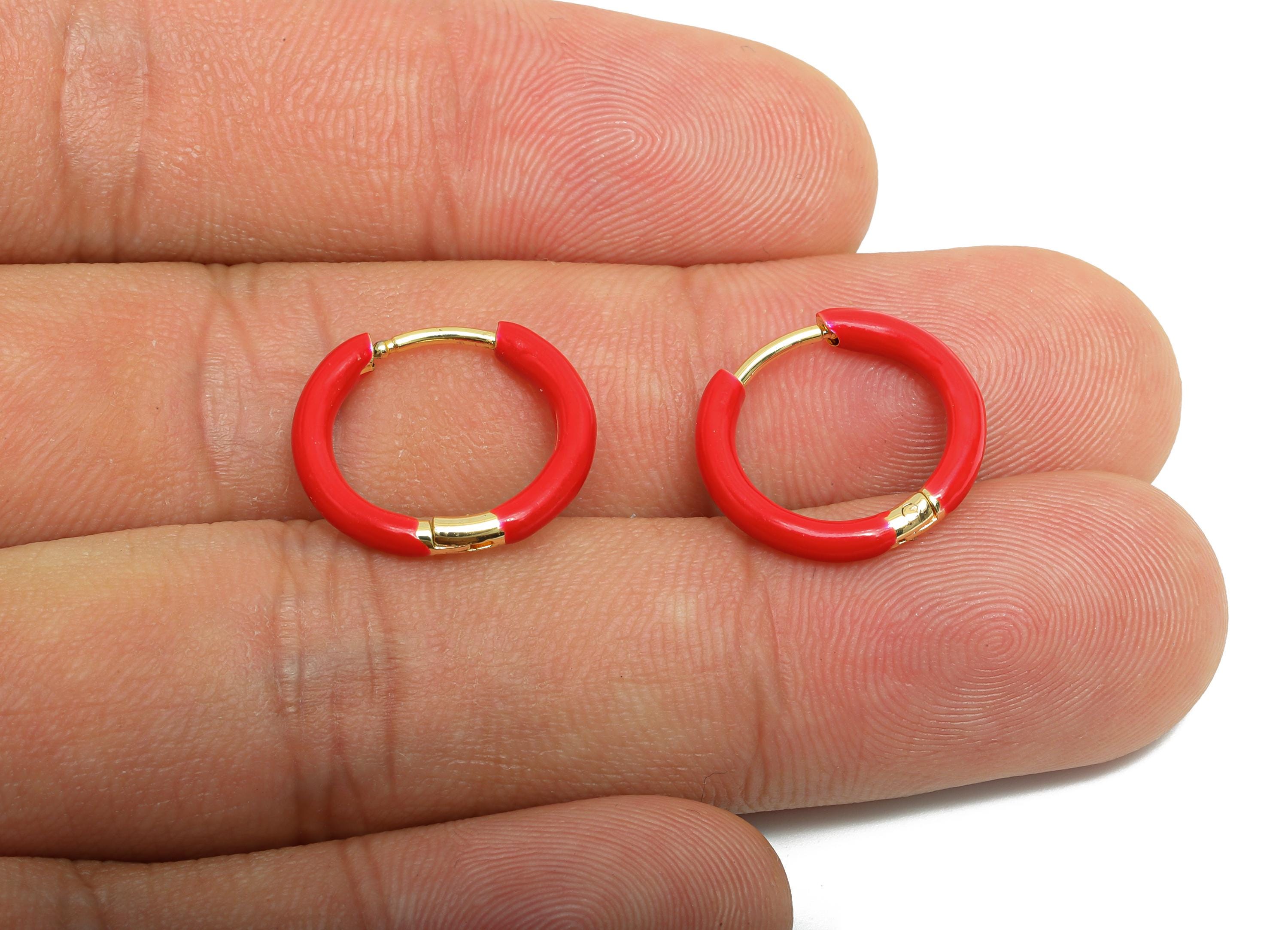 Gold Hoop Earring - Brass Enamel Red Unique Huggie Earring - Classic Hoop Minimalist Jewelry - 18K Real Gold Plated - 16.1x15x2mm - RGP9373