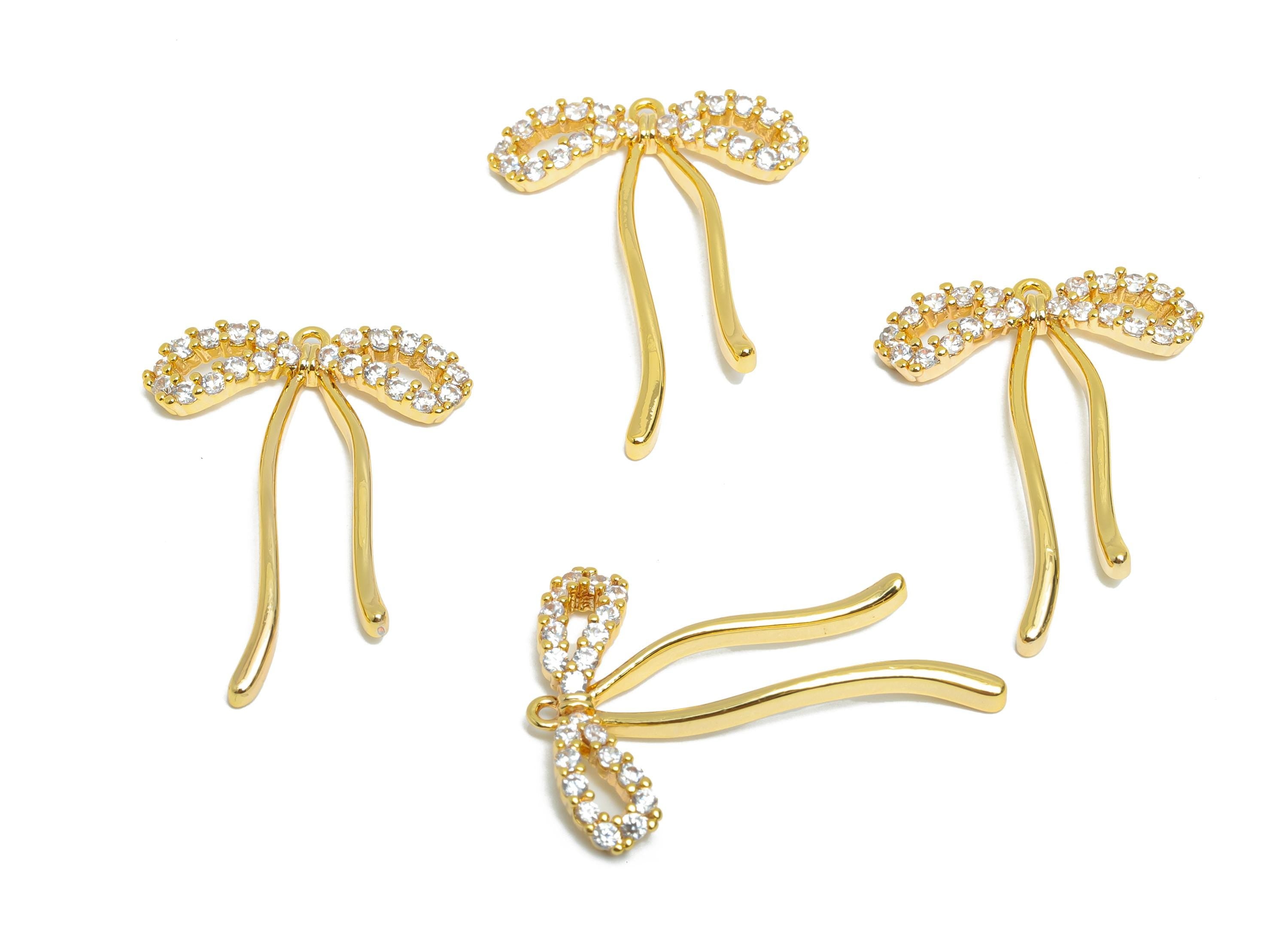 Gold Bow Pendant - Brass Sparking Cute Ribbon Earring Charm - Elegant Jewelry  - Gift for Her- 18K Real Gold Plated - 27x19x1.7mm - RGP9376 - DOMEDBAZAAR