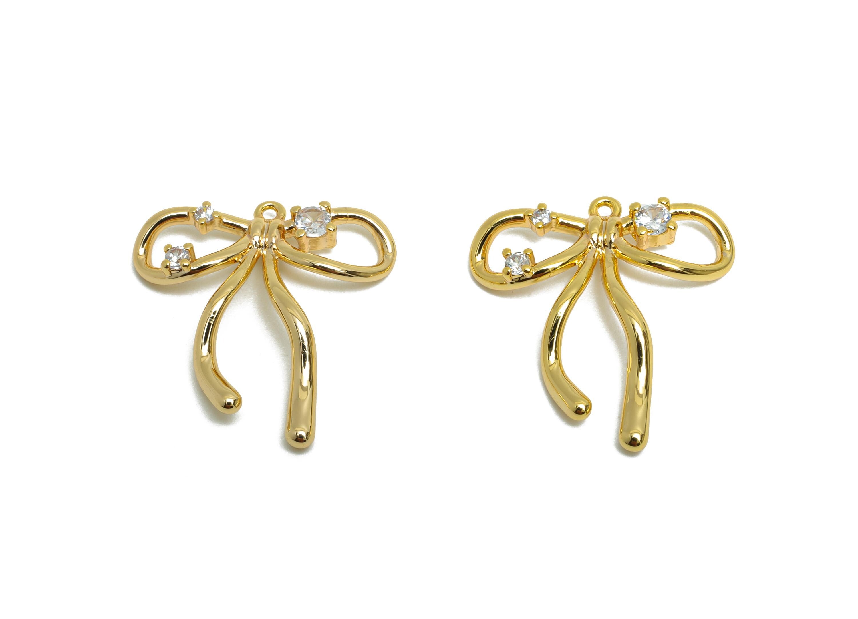 Gold Bow Pendant - Brass Sparking Glamorous Earring Charm - Elegant Modern Jewelry - 18K Real Gold Plated - 19x18x1.7mm - RGP9377 - DOMEDBAZAAR