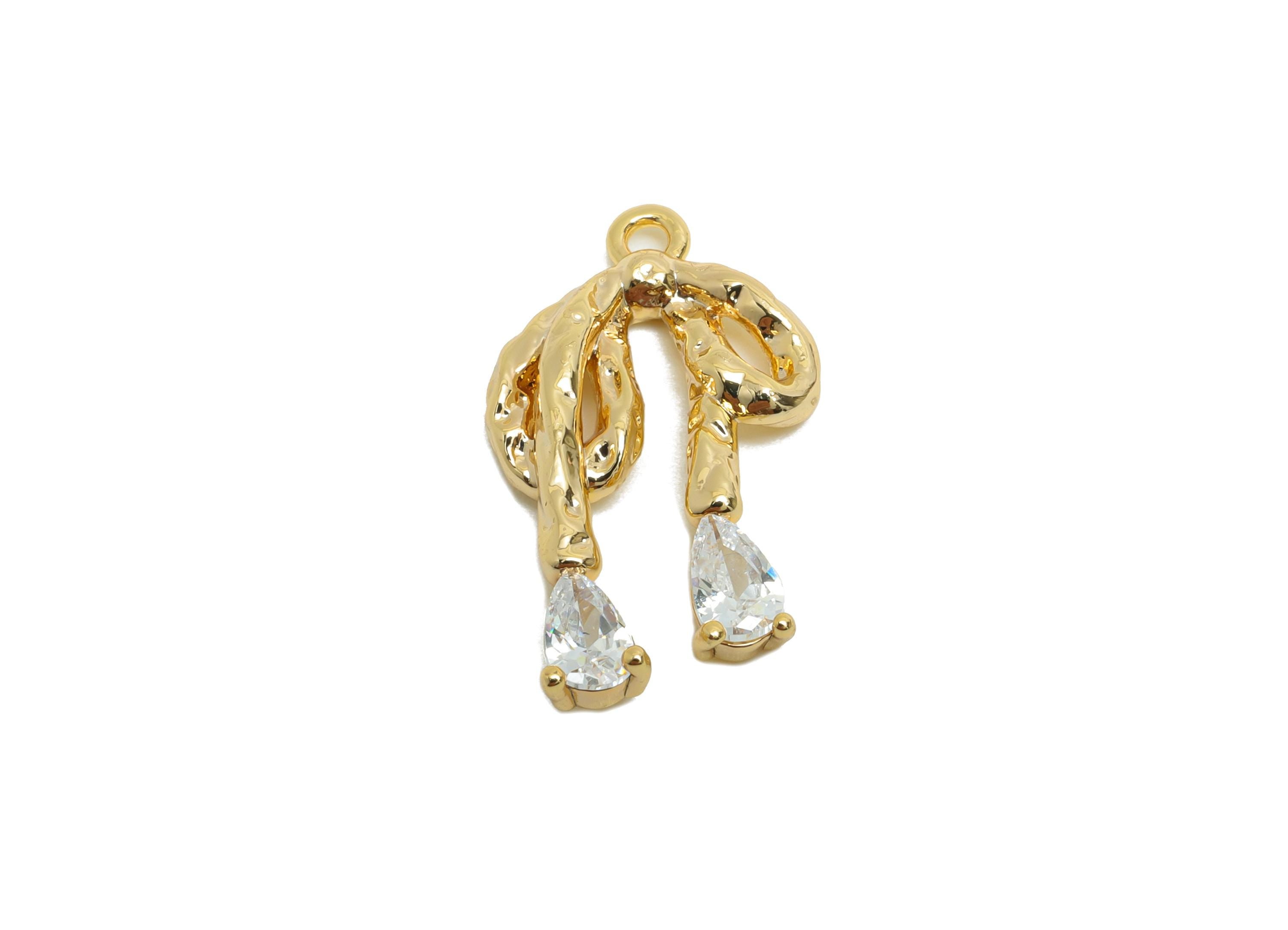 Melt Bow Pendant - Brass Teardrop Crystal Earring Charm - Zircon Elegant Jewelry  - Gift for Her - 18K Real Gold Plated -  20x11x2mm-RGP9380 - DOMEDBAZAAR