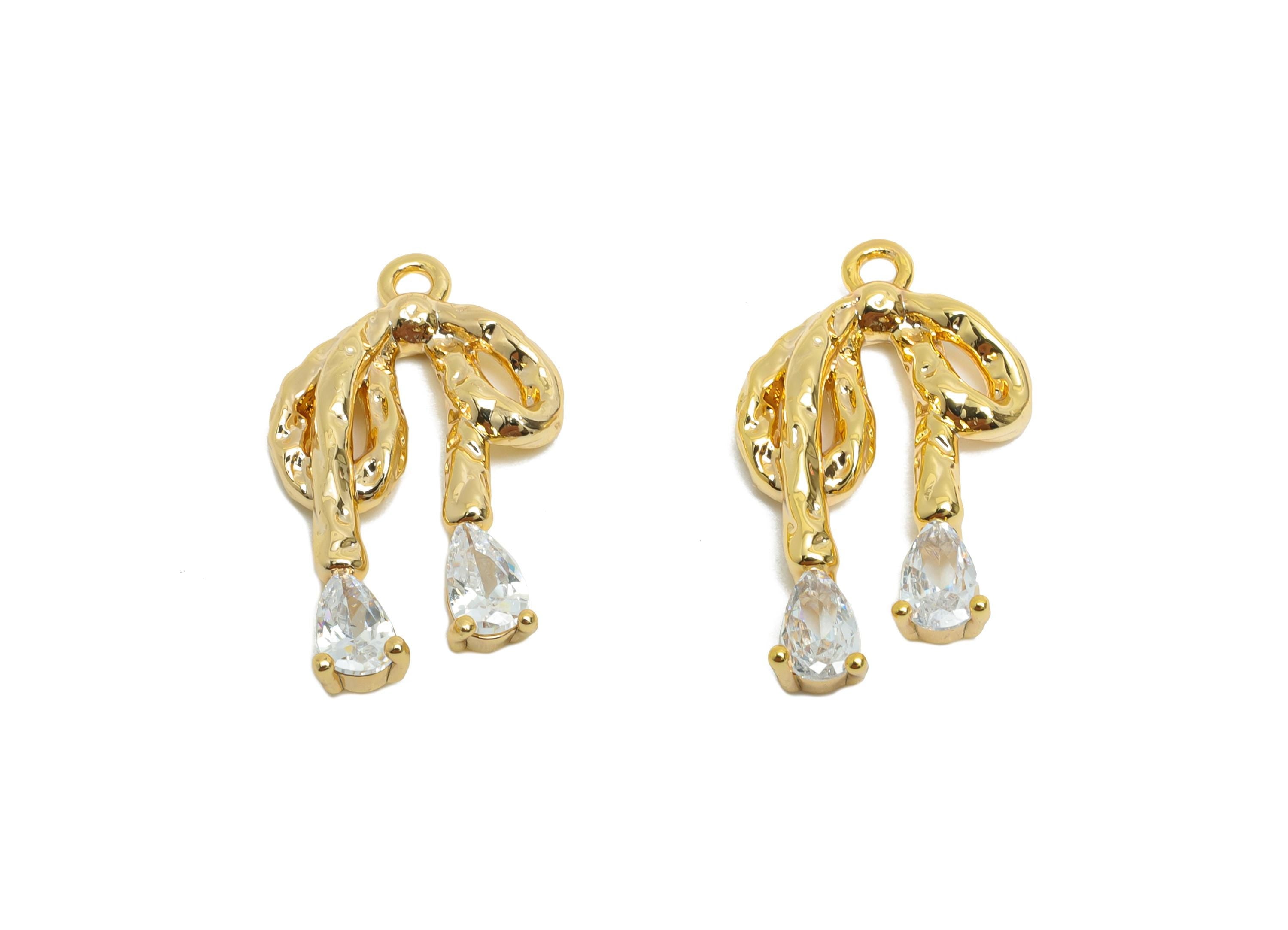 Melt Bow Pendant - Brass Teardrop Crystal Earring Charm - Zircon Elegant Jewelry  - Gift for Her - 18K Real Gold Plated -  20x11x2mm-RGP9380 - DOMEDBAZAAR