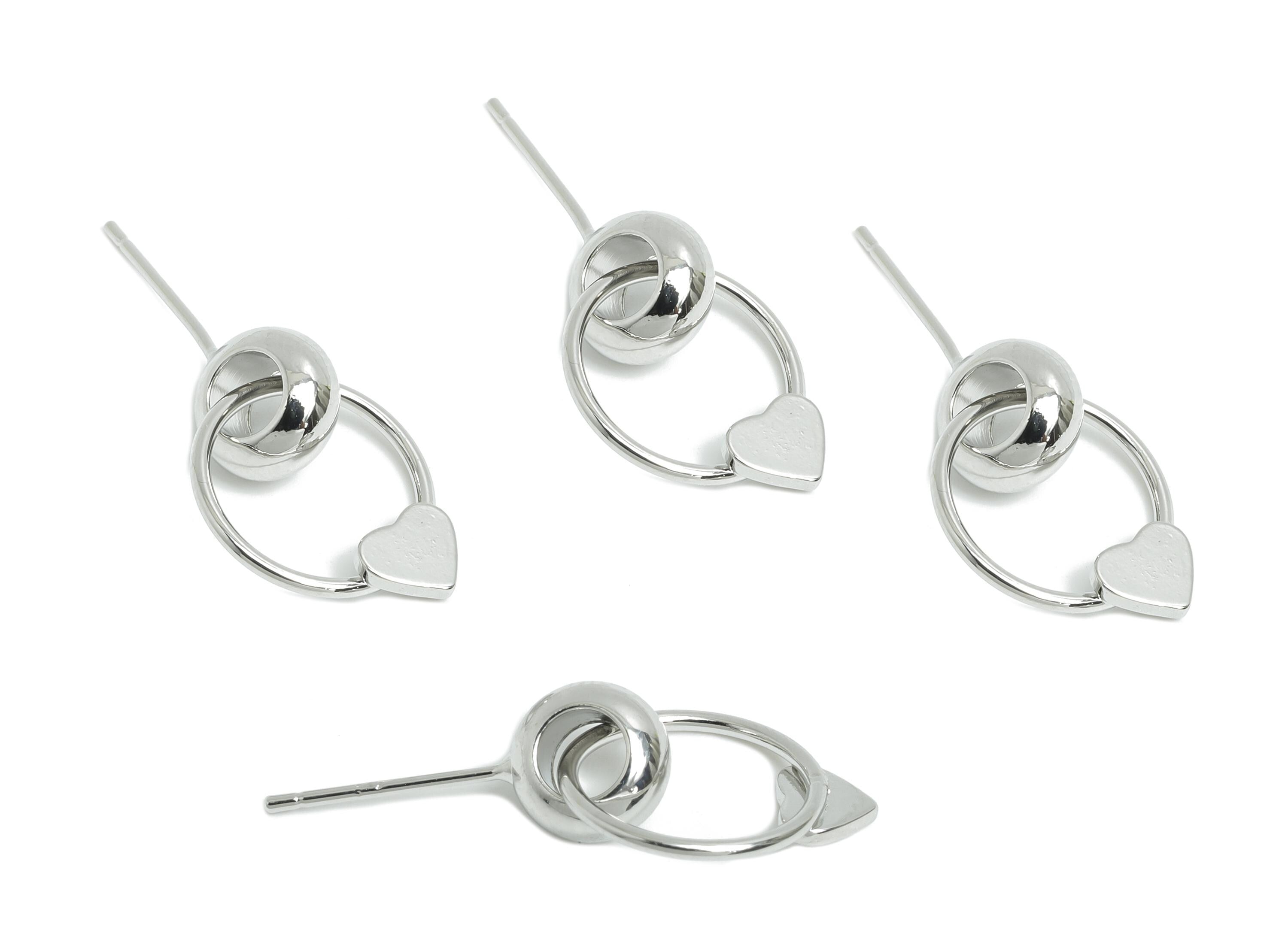 Brass Dangle Earring Stud - White Double Round Interlock Earring Post - Heart Dangle Earring Post -18K White Gold-Plated -18x13x4mm-RGP9444S - DOMEDBAZAAR