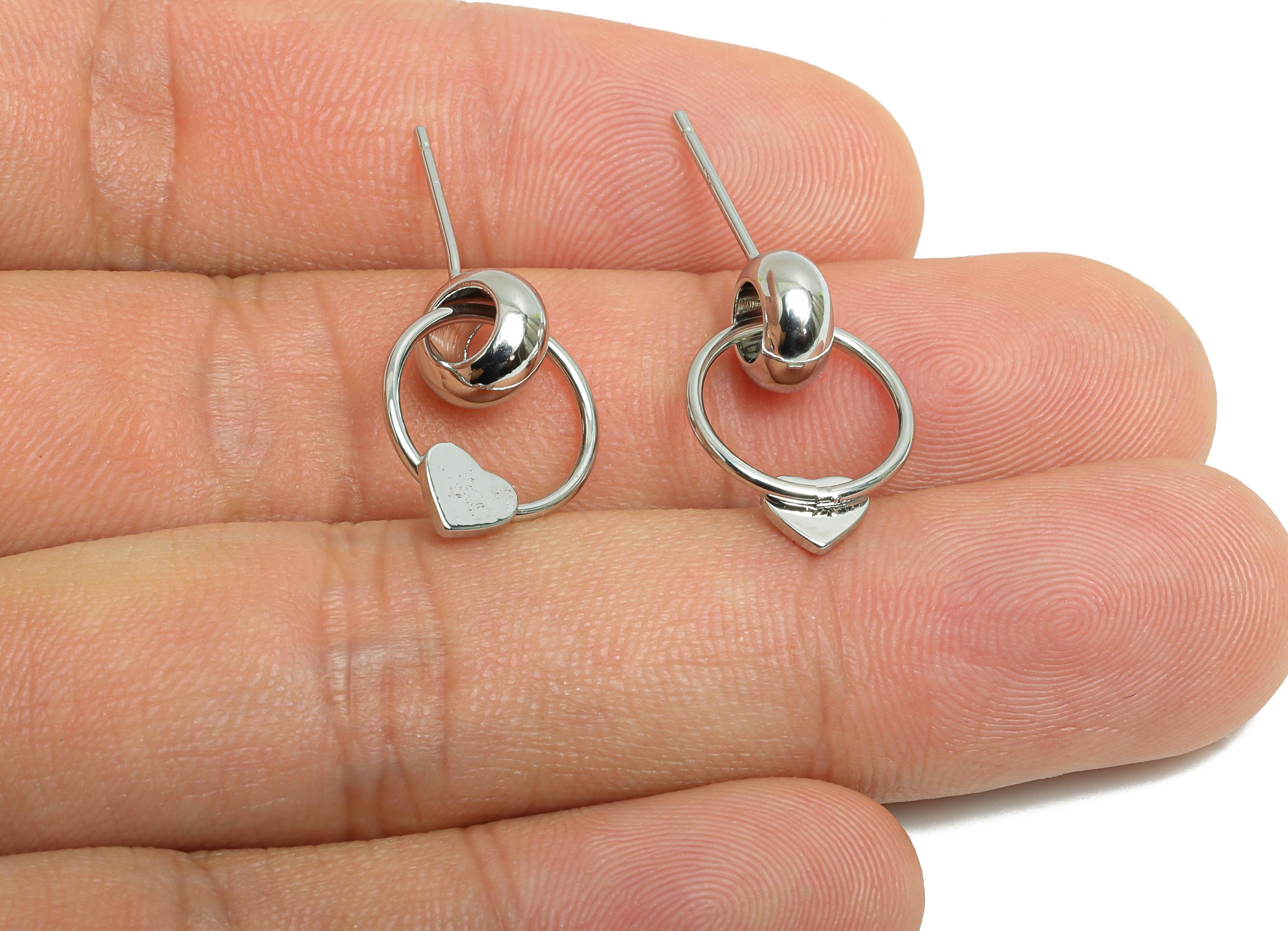 Brass Dangle Earring Stud - White Double Round Interlock Earring Post - Heart Dangle Earring Post -18K White Gold-Plated -18x13x4mm-RGP9444S - DOMEDBAZAAR