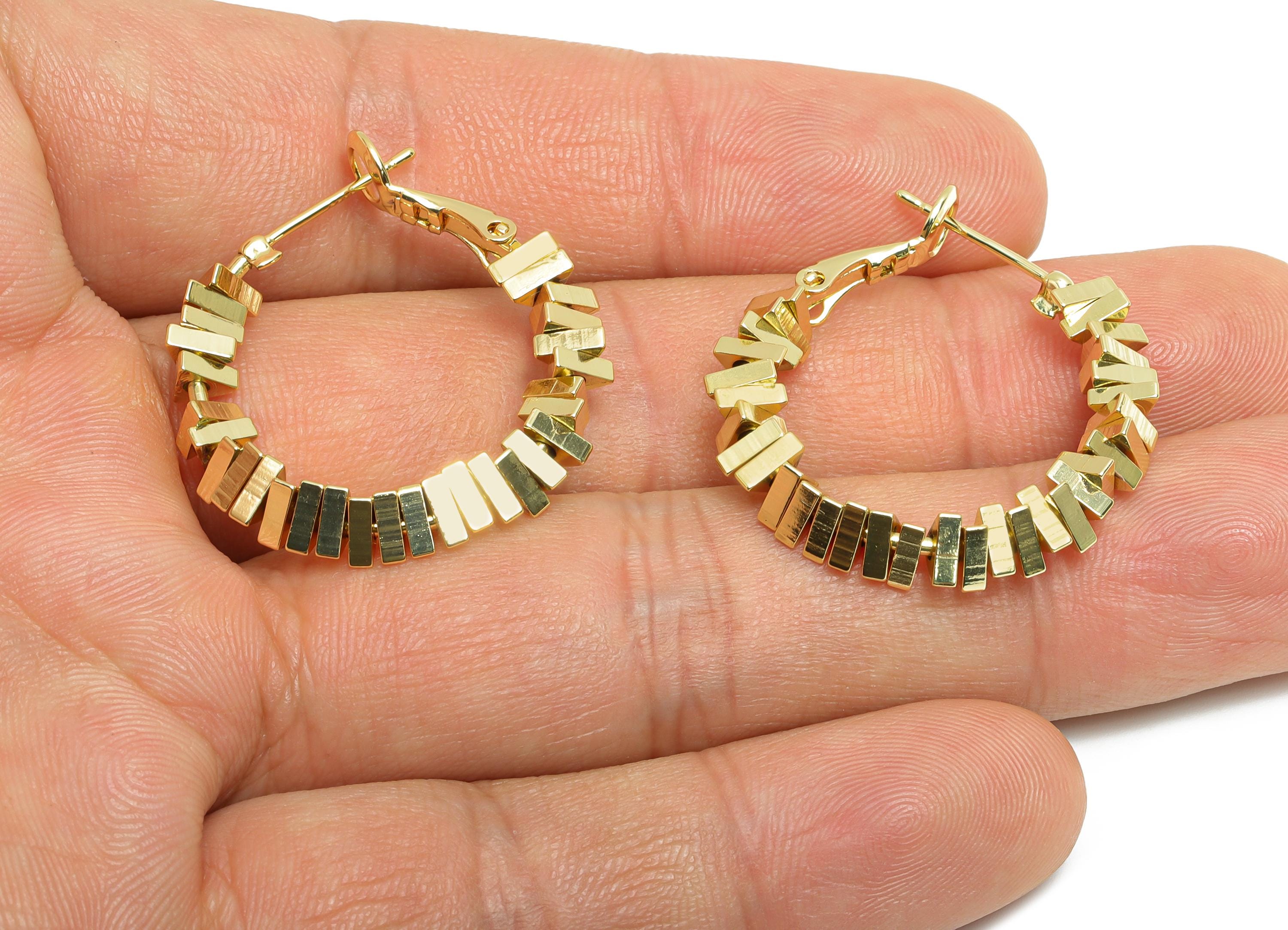 Brass Beaded Hoop Earrings - Gold Stacked Triangle Earrings - Geometric Clasp Back Earrings - 14K Real Gold-Plated - 28x26x4mm - RGP9436-14 - DOMEDBAZAAR