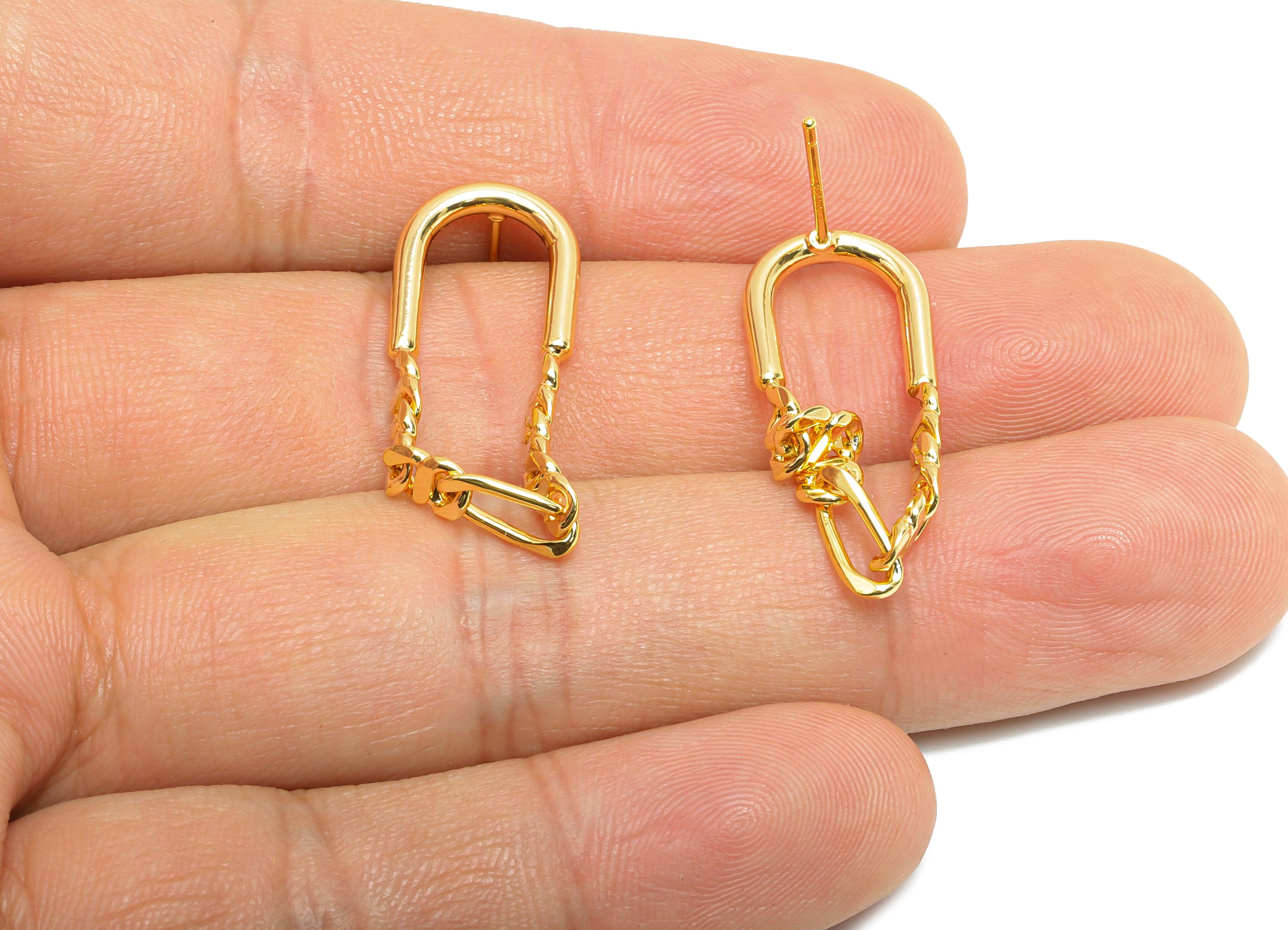 Brass U Shape Earring Stud - Gold Dangling Chain Earring Post - Fashion Chain Geometric Earring - 18K Real Gold-Plated -27x12x2mm - RGP9443 - DOMEDBAZAAR