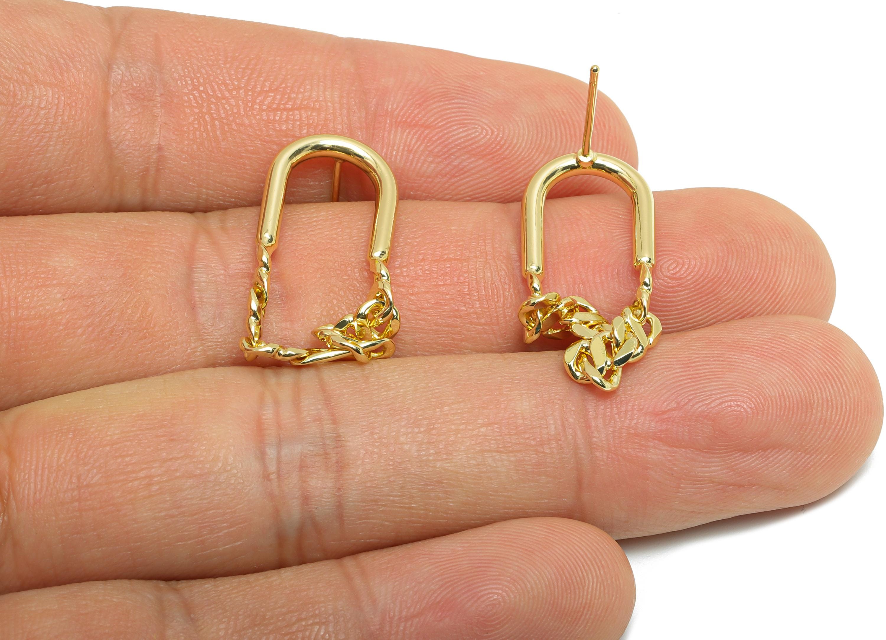 Brass U Shape Earring Stud - Gold Dangling Chain Earring Post - Fashion Chain Geometric Earring -14K Real Gold-Plated -27x12x2mm -RGP9443-14 - DOMEDBAZAAR