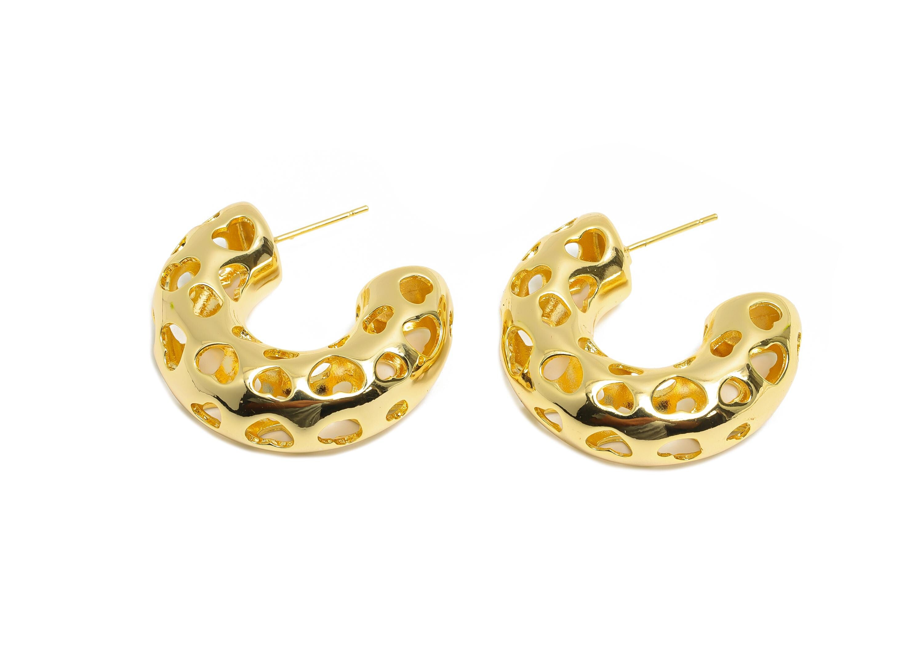 Heart Hoop Earring Post - Brass Hollow Heart Earring - Artistic Earring Post - Gold Trendy Hoop Earring - Bold Jewelry - 31x25x10mm -RGP9389 - DOMEDBAZAAR